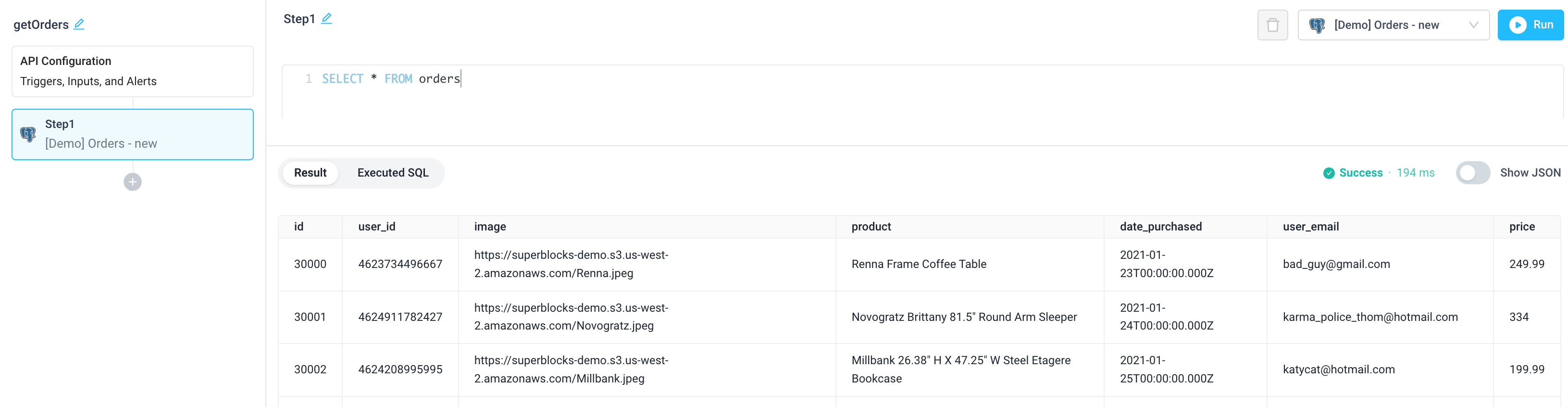 API with a SQL query to get orders