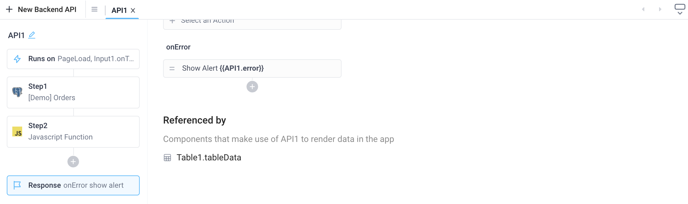The Referenced In section lists all frontend components that reference a backend API