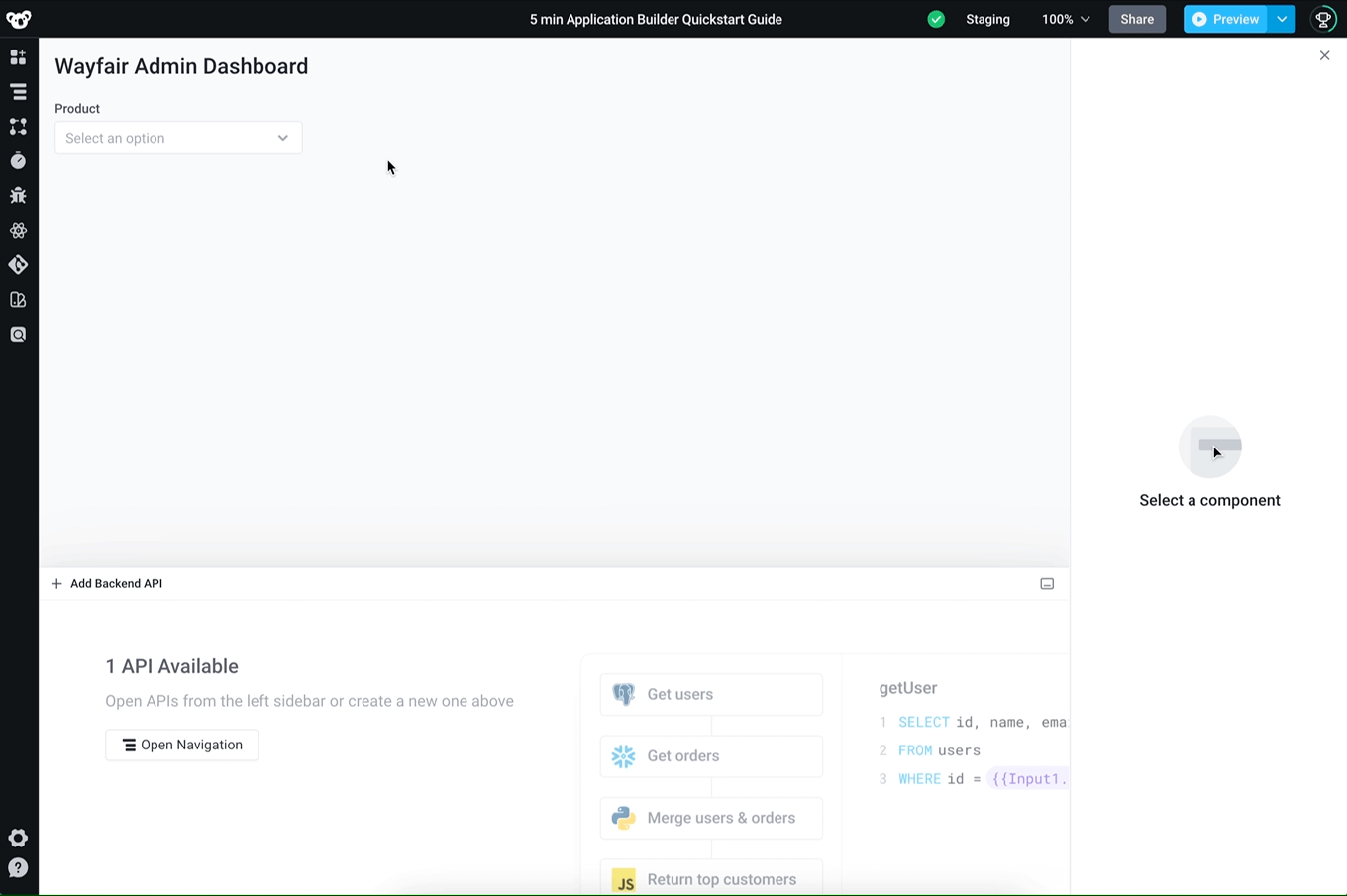 Drag a chart component to the canvas, set its properties and create a new API Drag a chart component to the canvas, set its properties and create a new API