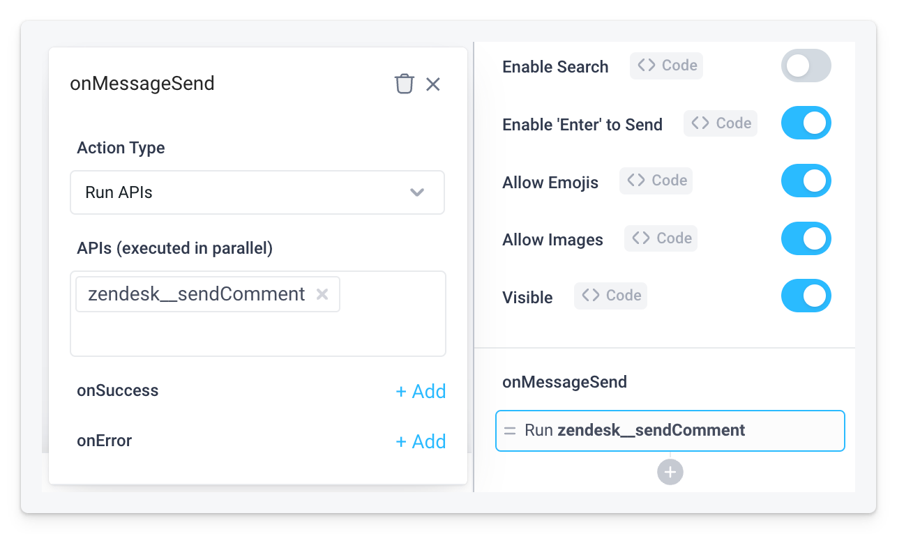 The onMessageSend event handler of the Chat component is used to run the backend API that updates the Zendesk ticket.