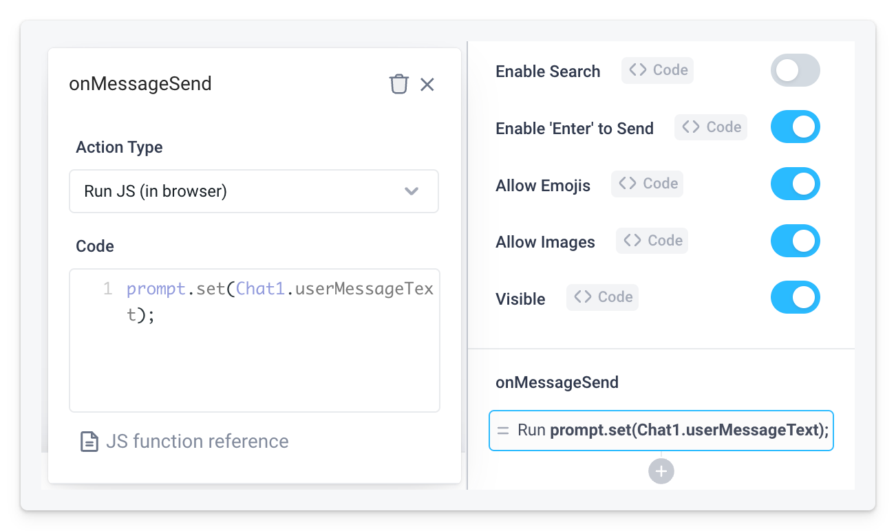 The onMessageSend event handler of the Chat Component is used to set the prompt frontend variable.