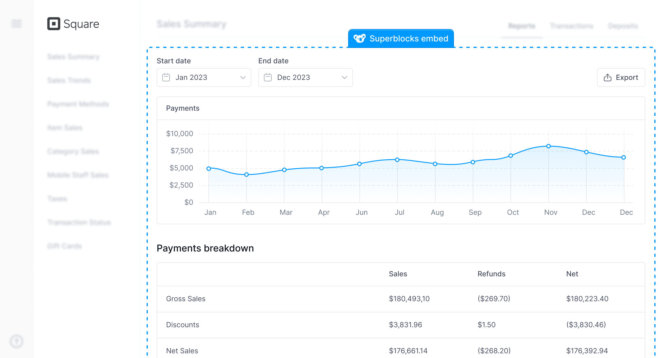Square application with dashboard containing Superblocks embed Square application with dashboard containing Superblocks embed