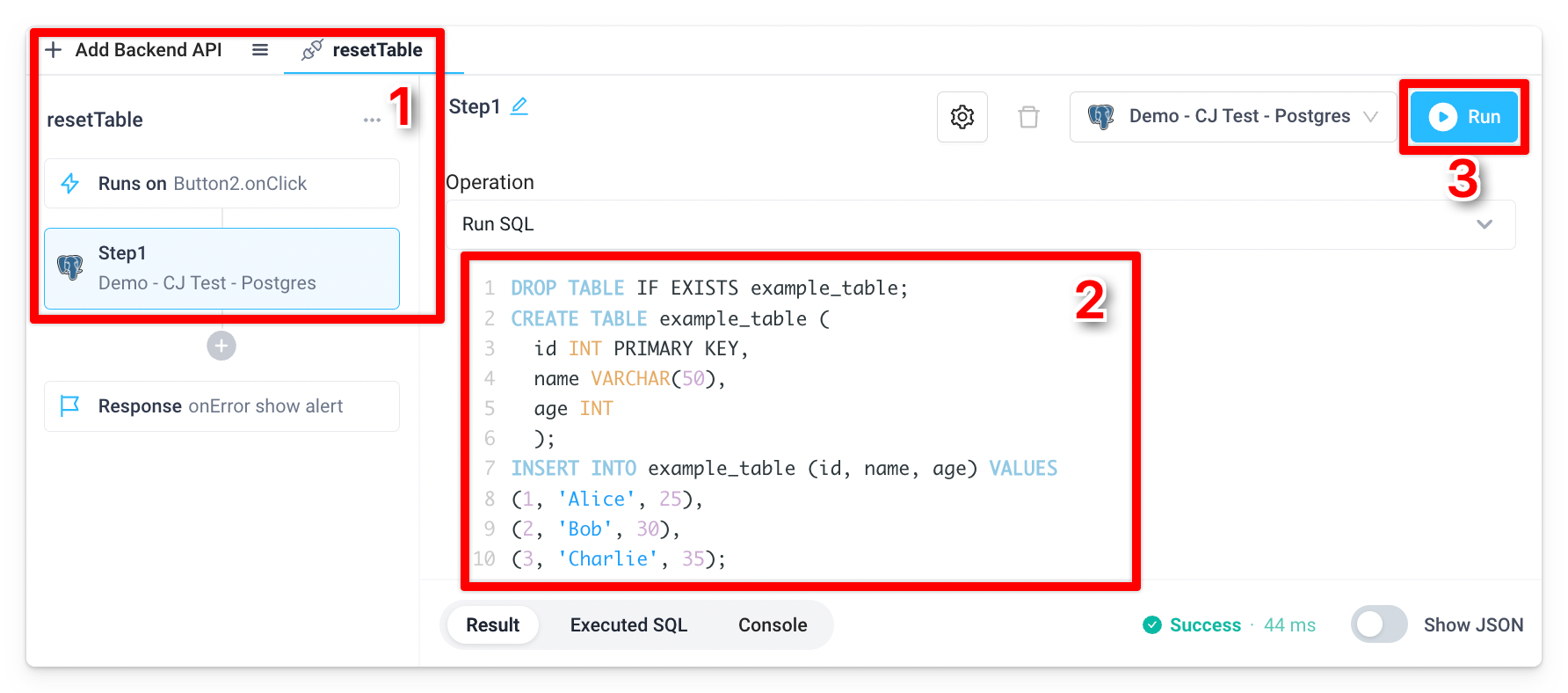 Add a Table to the database with sample data