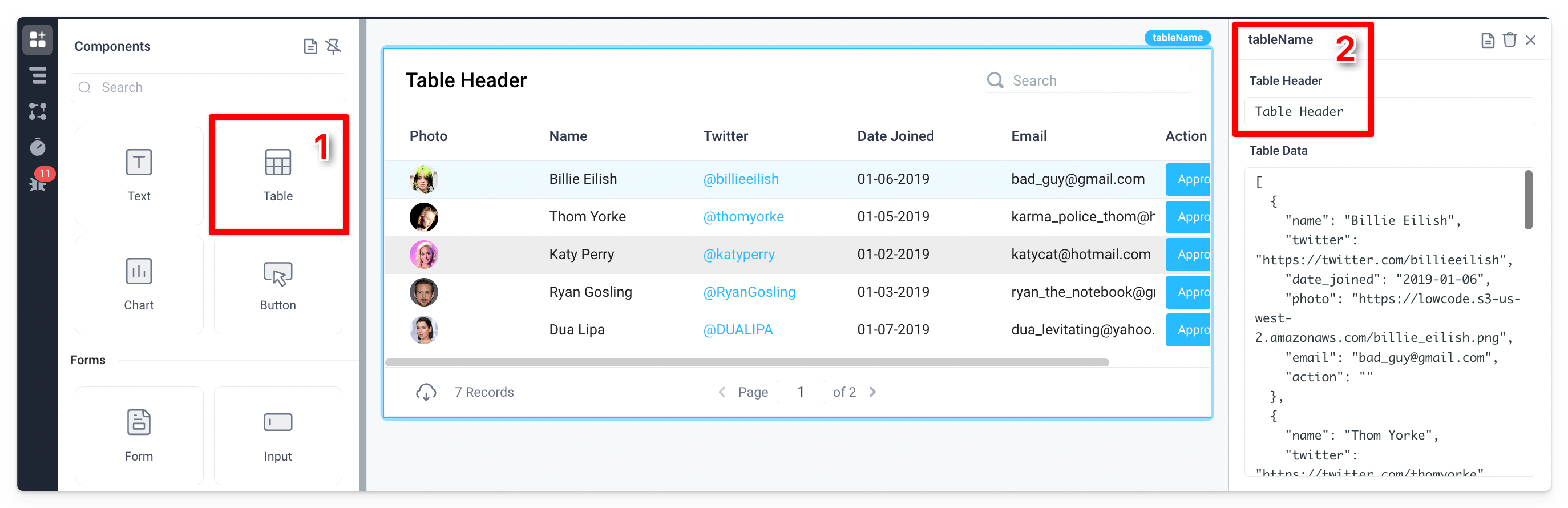 Add a Table component and give it a name and header