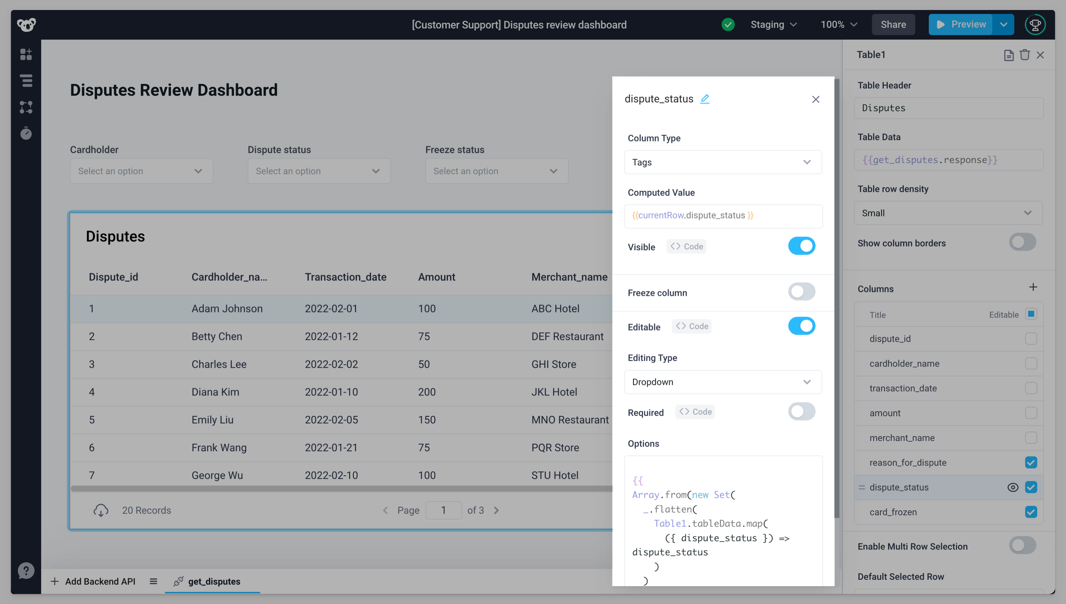 Dispute_status column's Editing Type was set to Dropdown.
