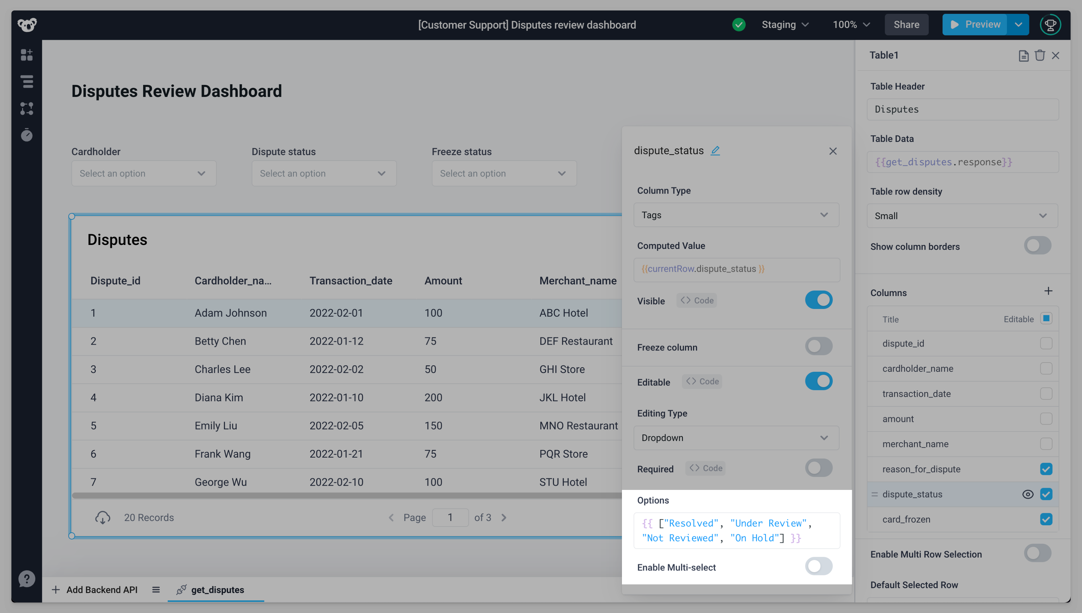 Dispute_status column's dropdown options were set to an array of 4 options.