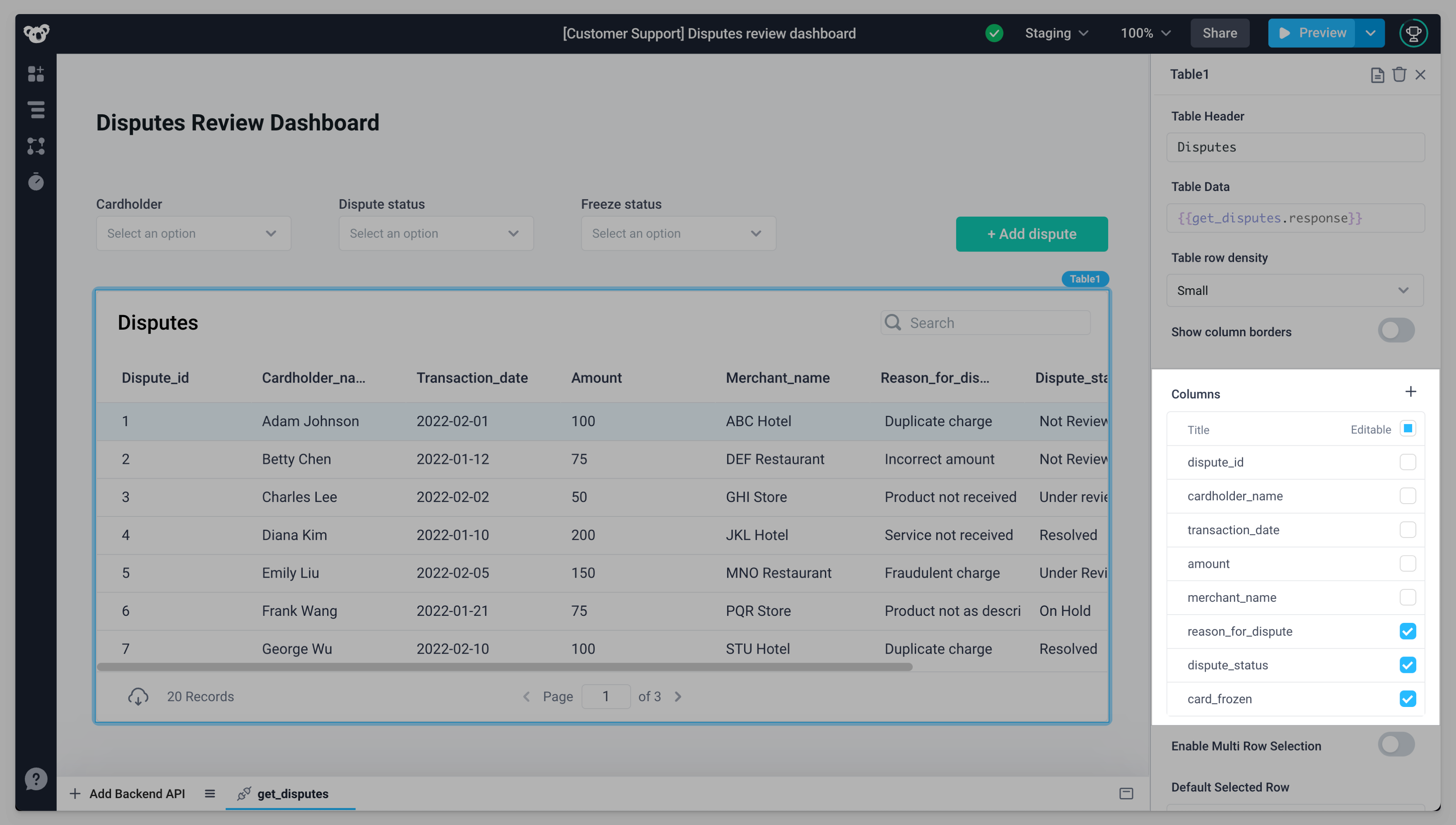 Reason, Dispute status, and Card Frozen columns were made editable.