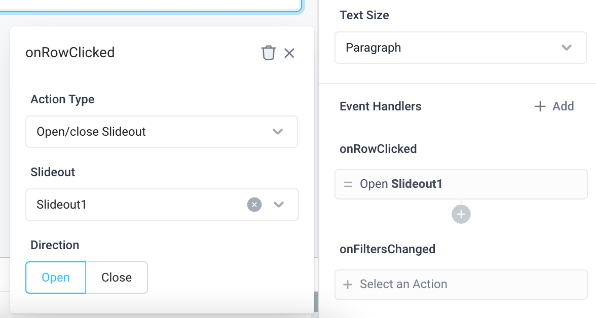 Open or close a new or existing slideout with event handlers