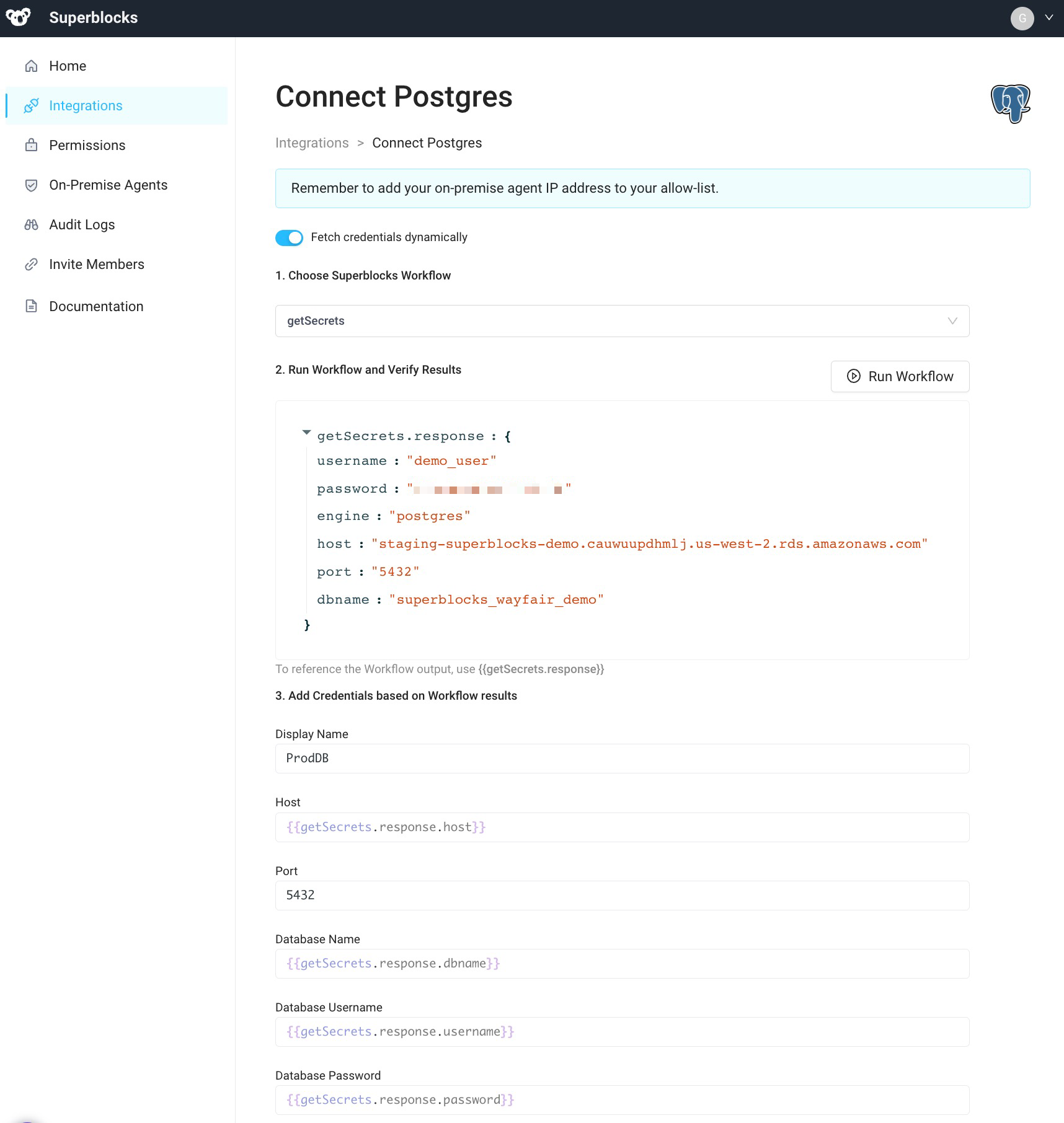 Use a workflow to dynamically fetch credentials from AWS secret manager