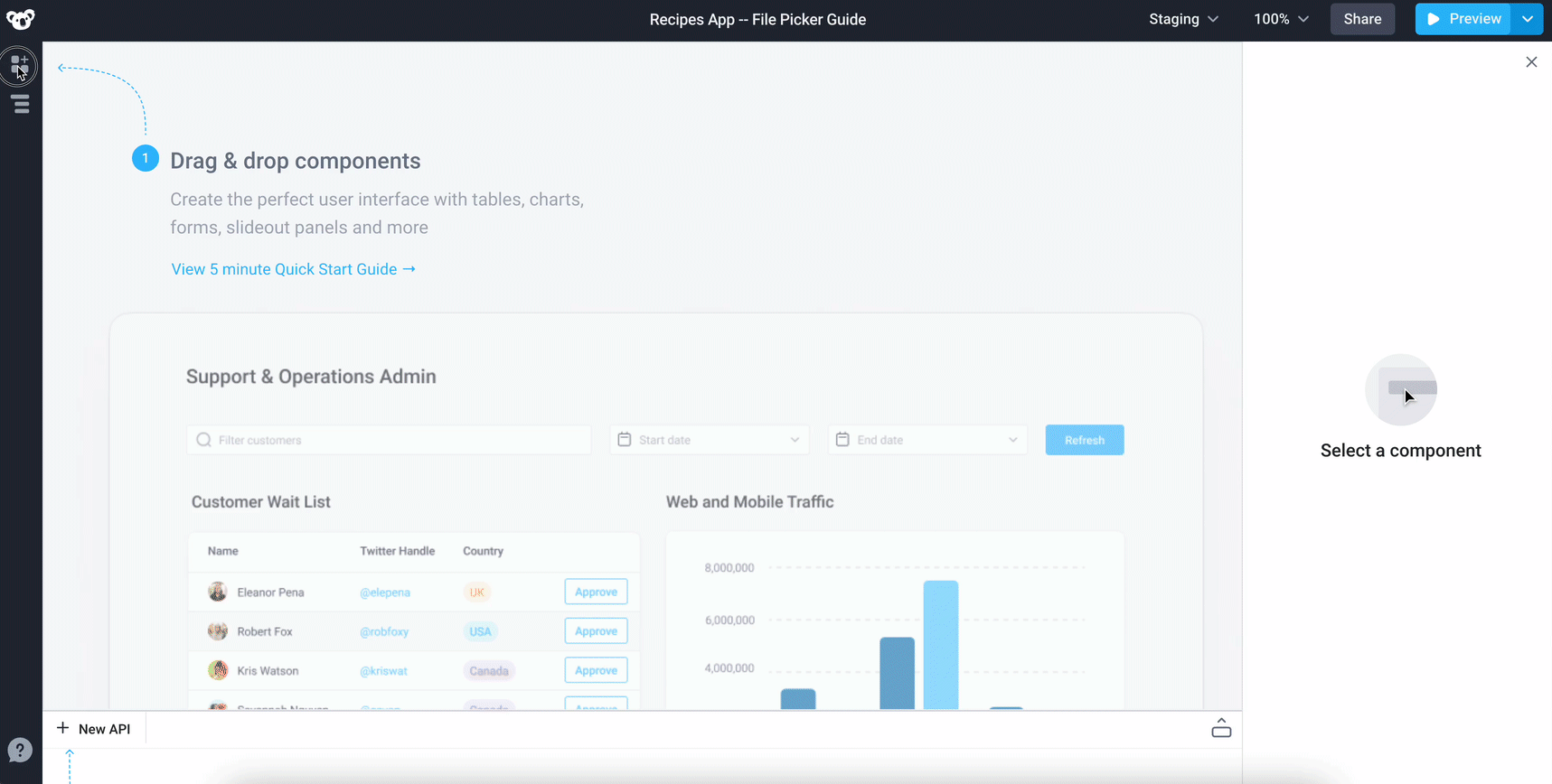 Add a container, filepicker, button, and text component to the canvas