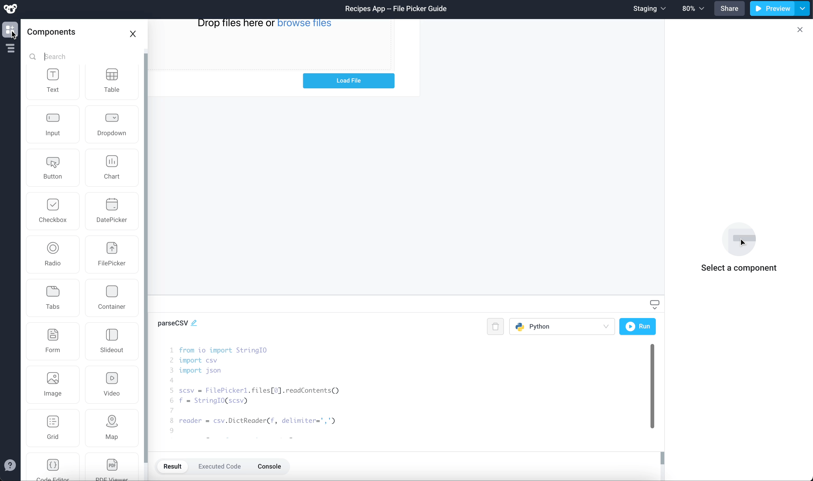 Create a table to show the loaded CSV data when a button is clicked