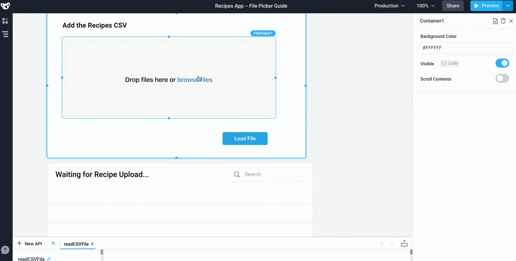 Use the filepicker component to import CSV files and view them in a table