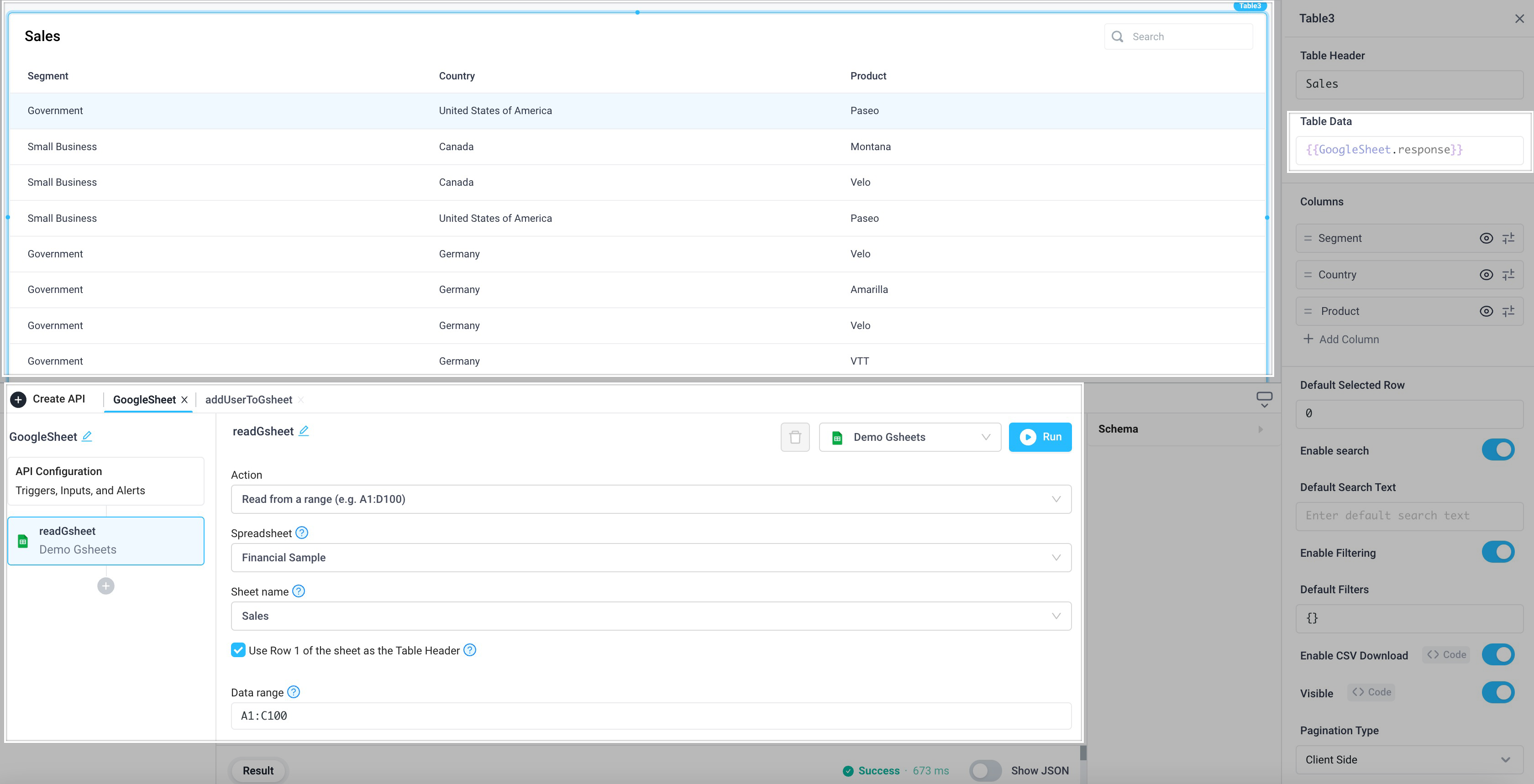 Visualize a range of Google Sheet data in applications using a table component