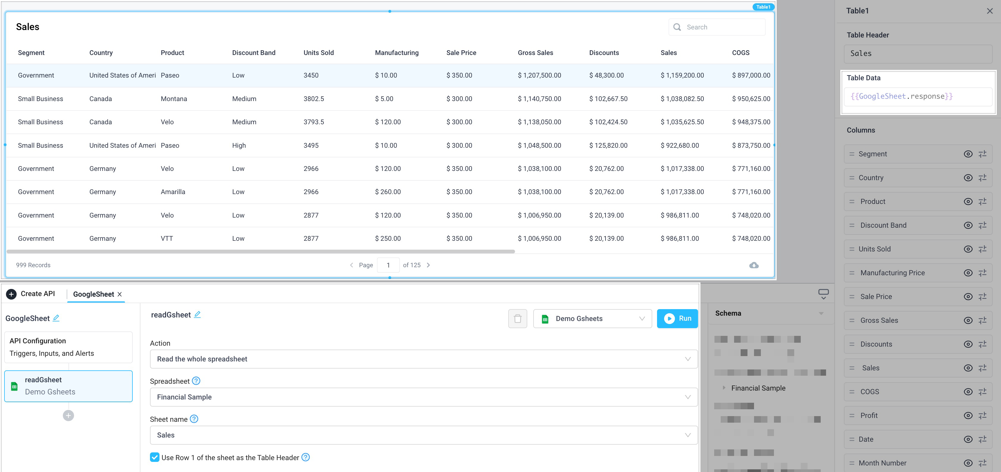 Visualize an entire Google Sheet data in applications using a table component