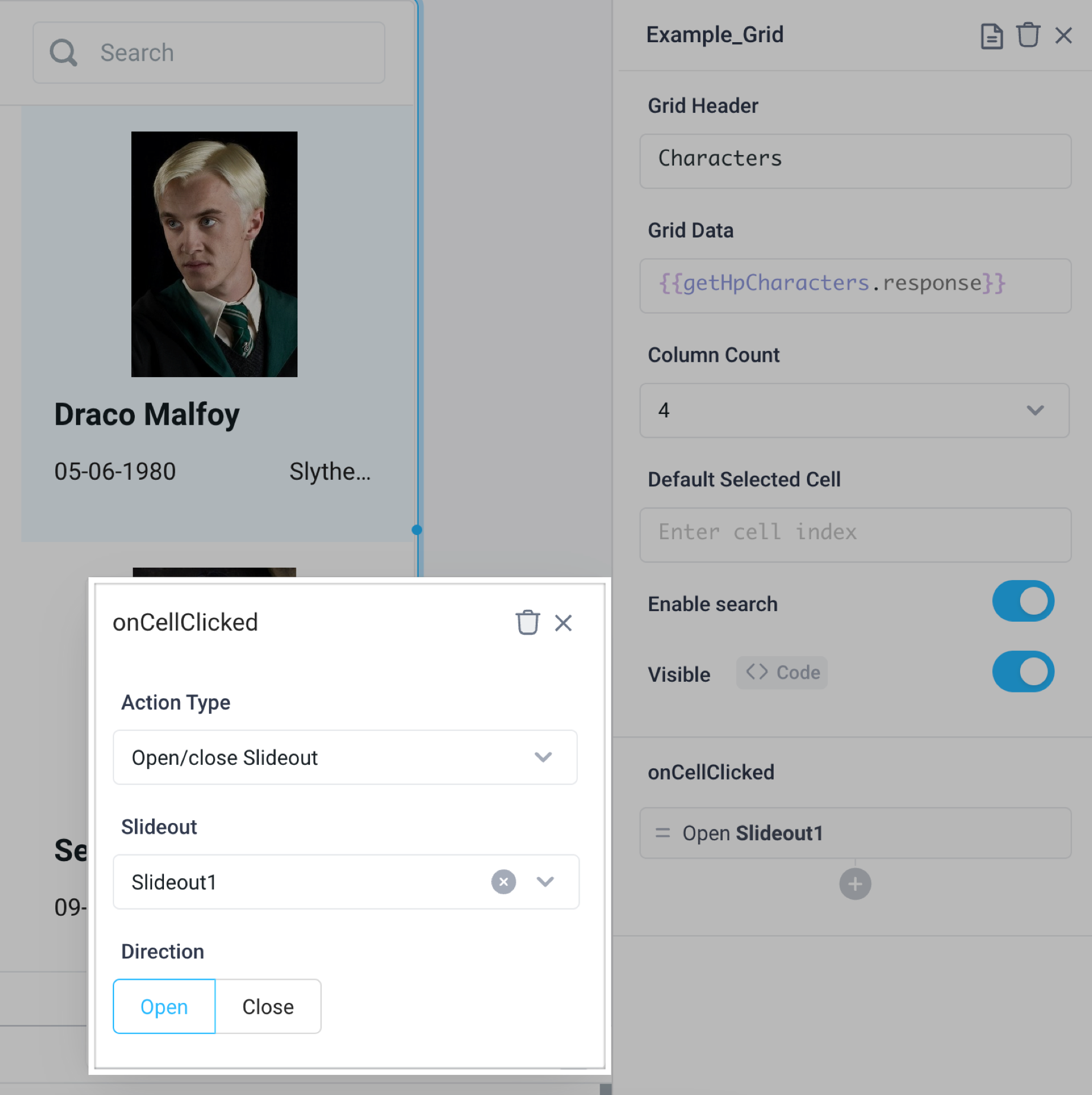 Use event handlers to open a slideout when a cell in the grid is clicked
