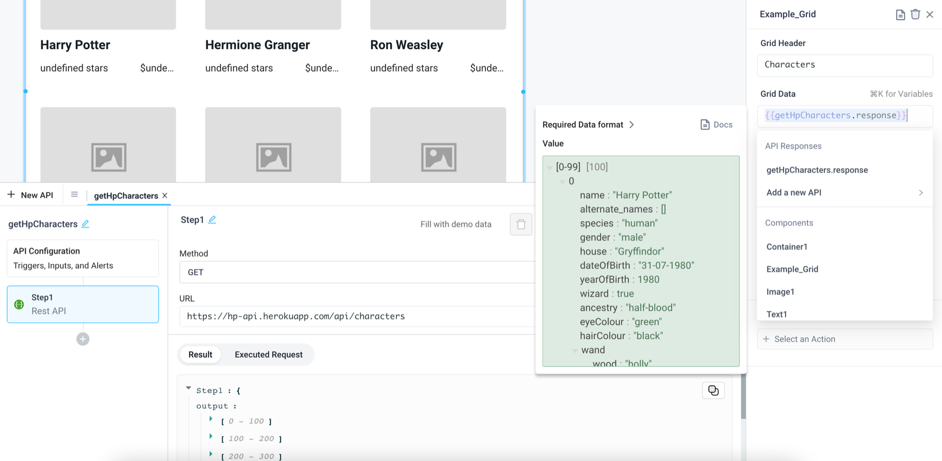 Populate a grid using the response of an API that returns Harry Potter characters