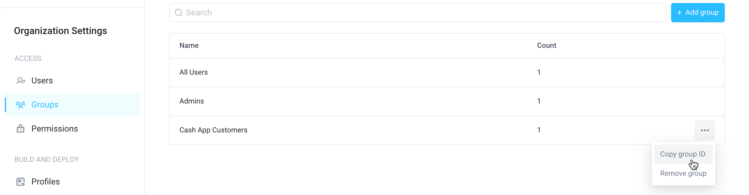 Groups page with options menu open showing option to copy the group's ID