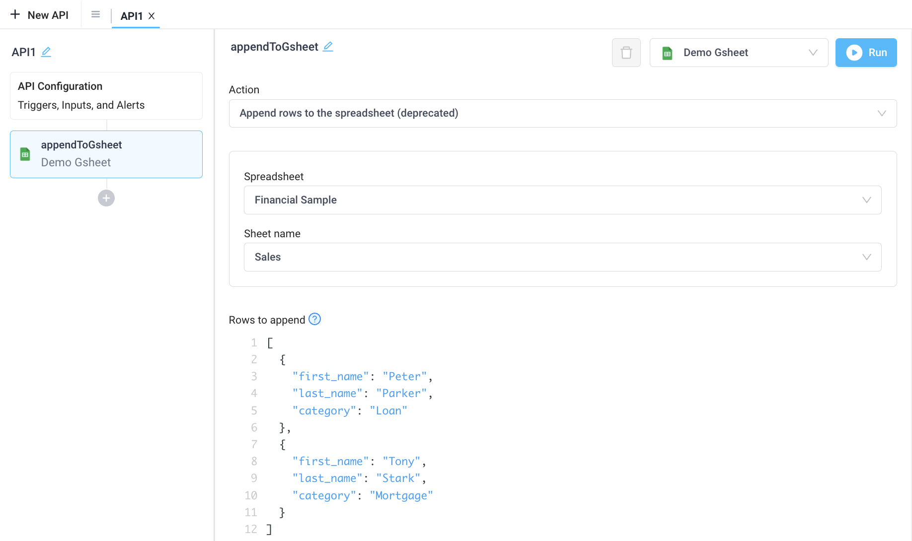 A deprecated action that appended rows to a Google Sheet