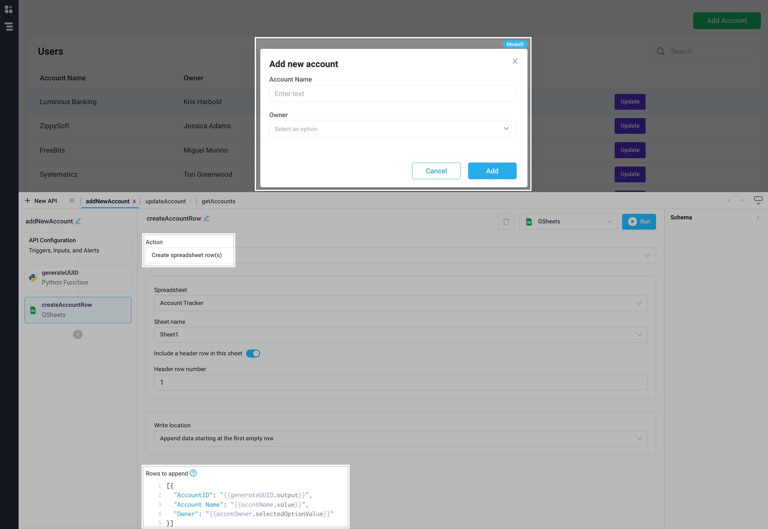 Append a row to a Google Sheet when a user fills out a form