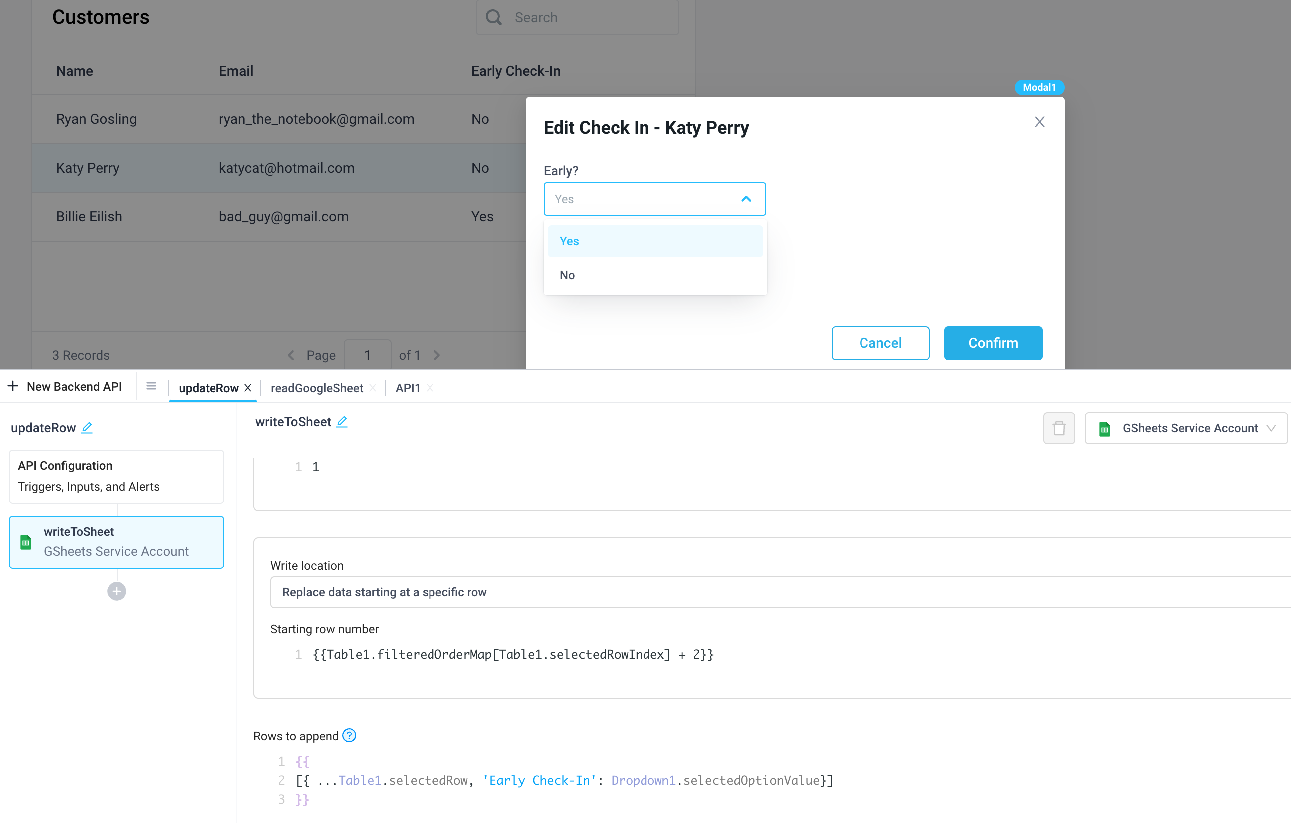 Update row in Google Sheets based on selected table row