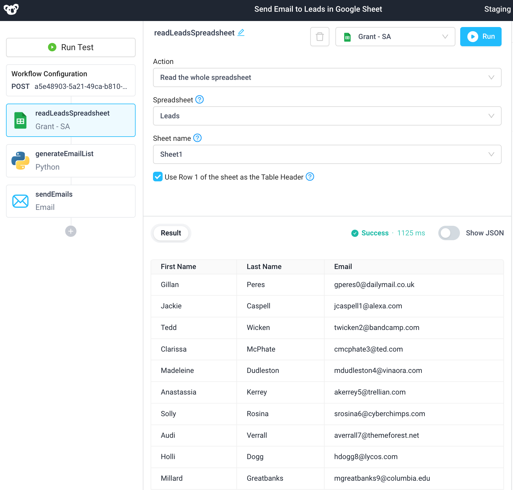 Use a workflow to send emails to sales leads contained in a Google Sheet