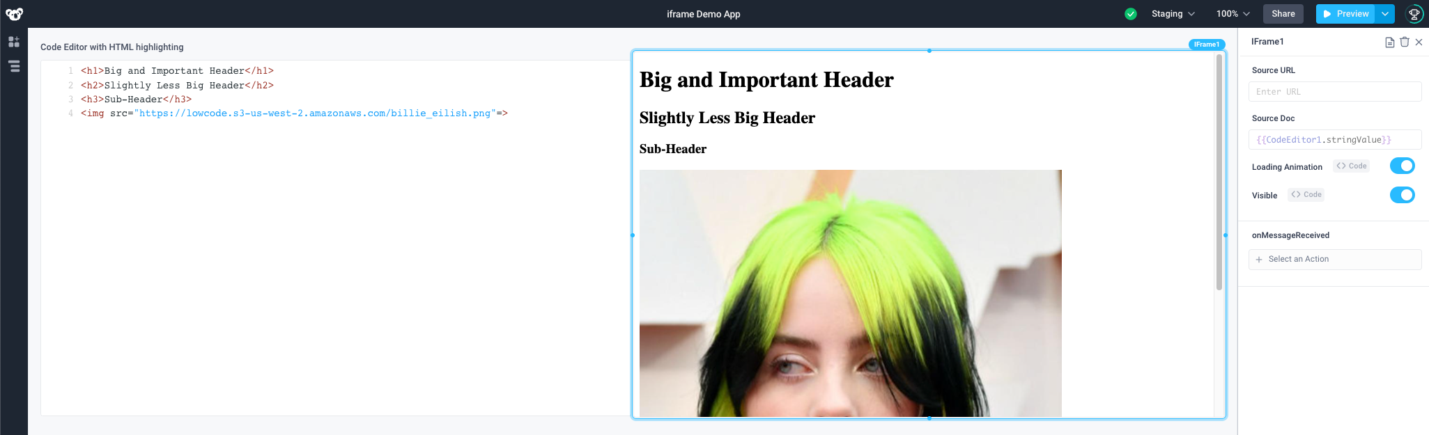 Example of displaying HTML content from a Code Editor