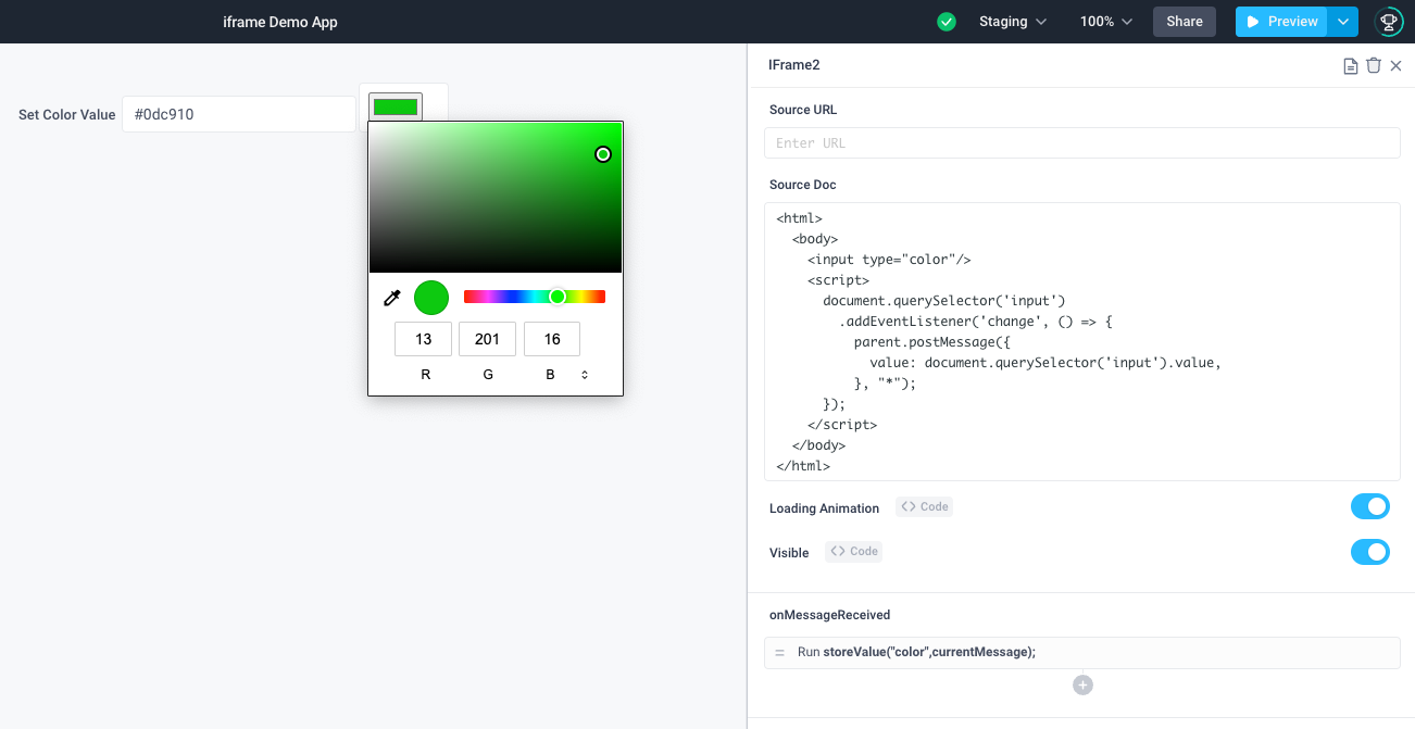 Example of creating a custom widget and passing data back to the application