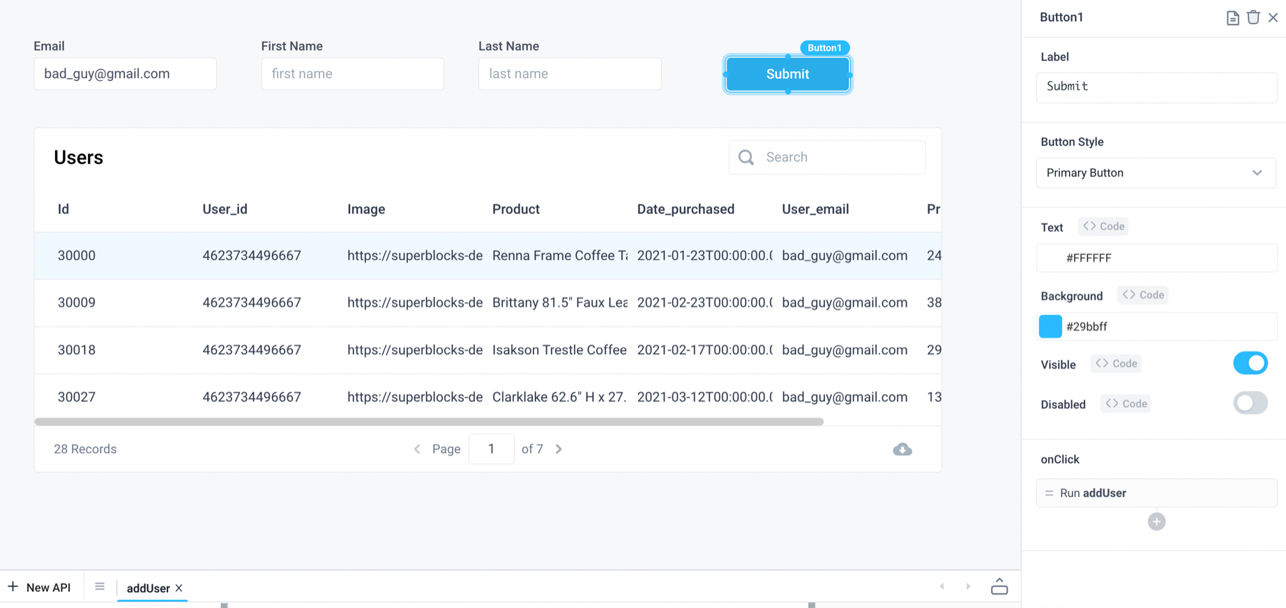 Use input components and a button tied to an API to add users to a database