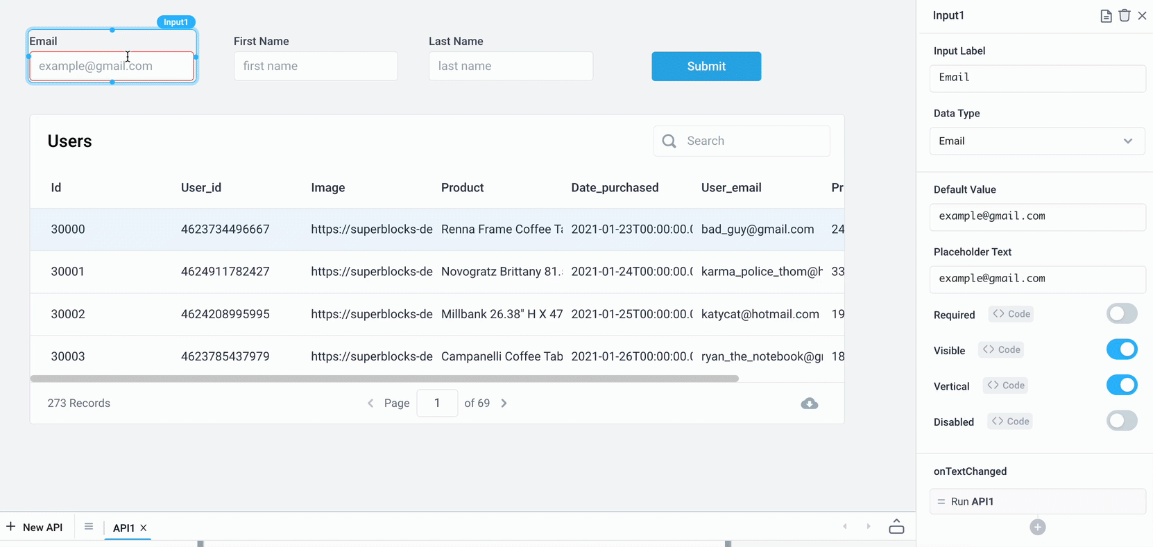 Search a table for orders that belong to a user based on the user's entry into an input component