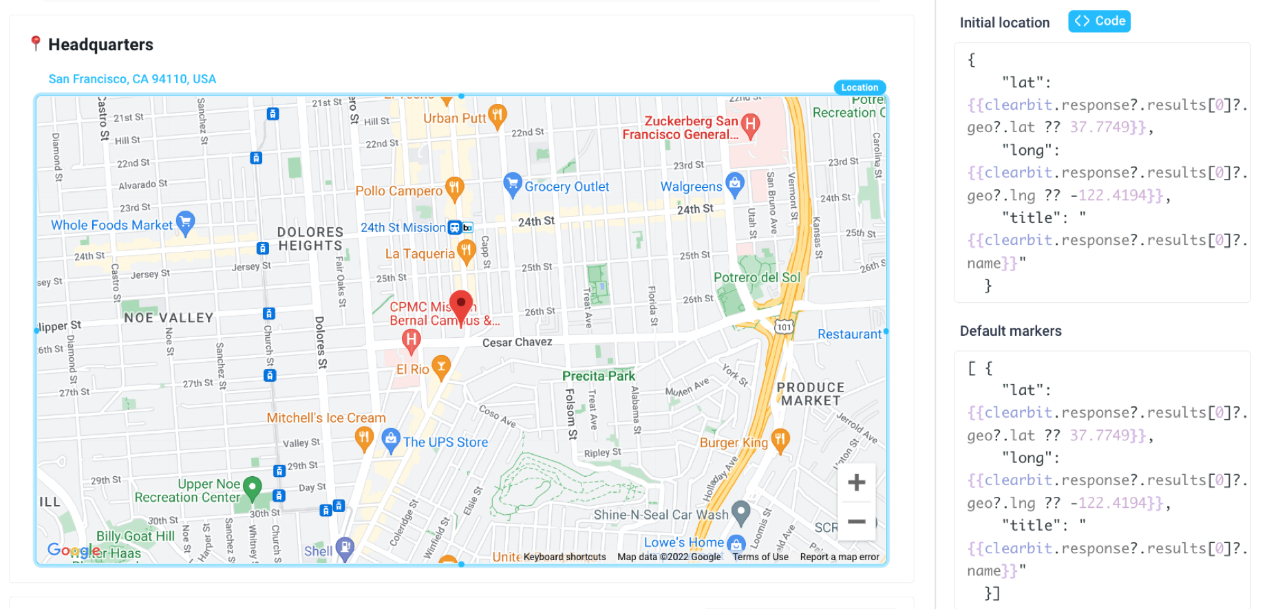Use the Clearbit API to dynamically fetch geolocation data for a specific company when a user selects it on a map