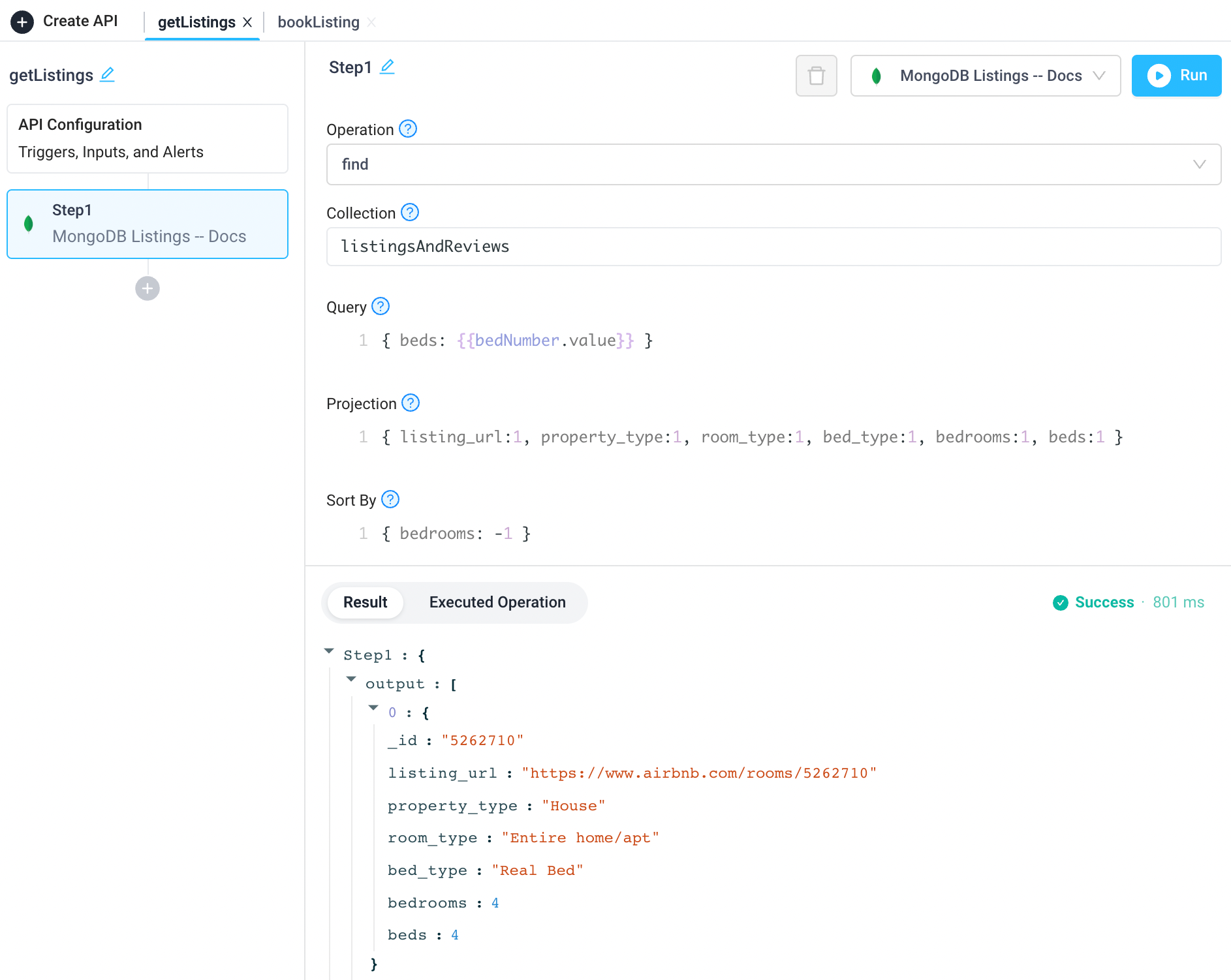 See the results and executed operation of a MongoDB step