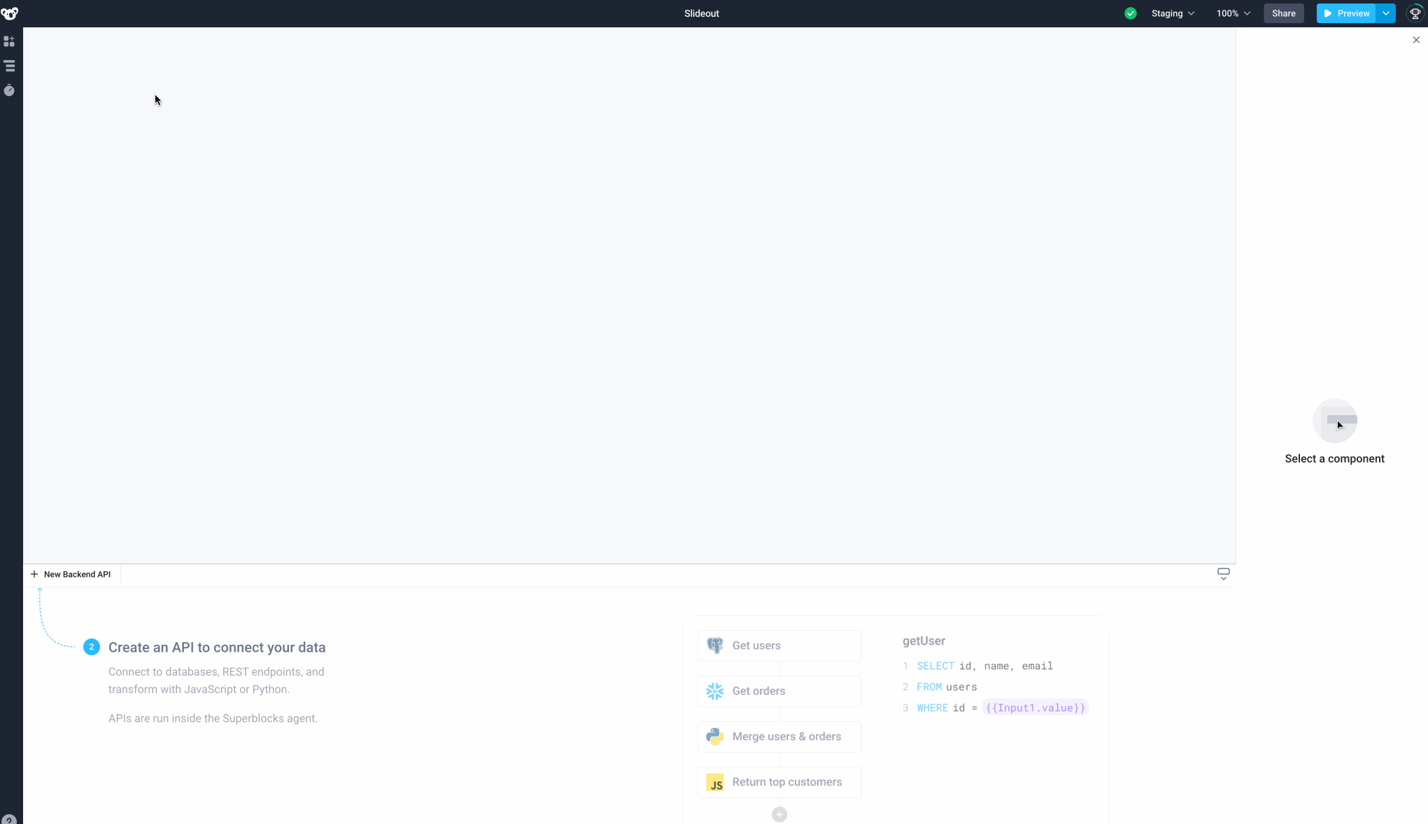 Example of creating a slideout from Components Panel