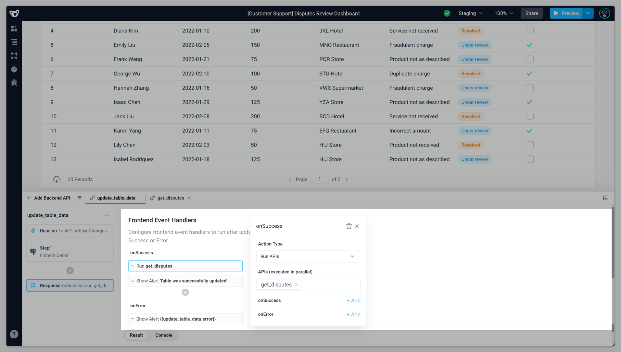 onSaveChanges event handler was configured to run update_table_data API.