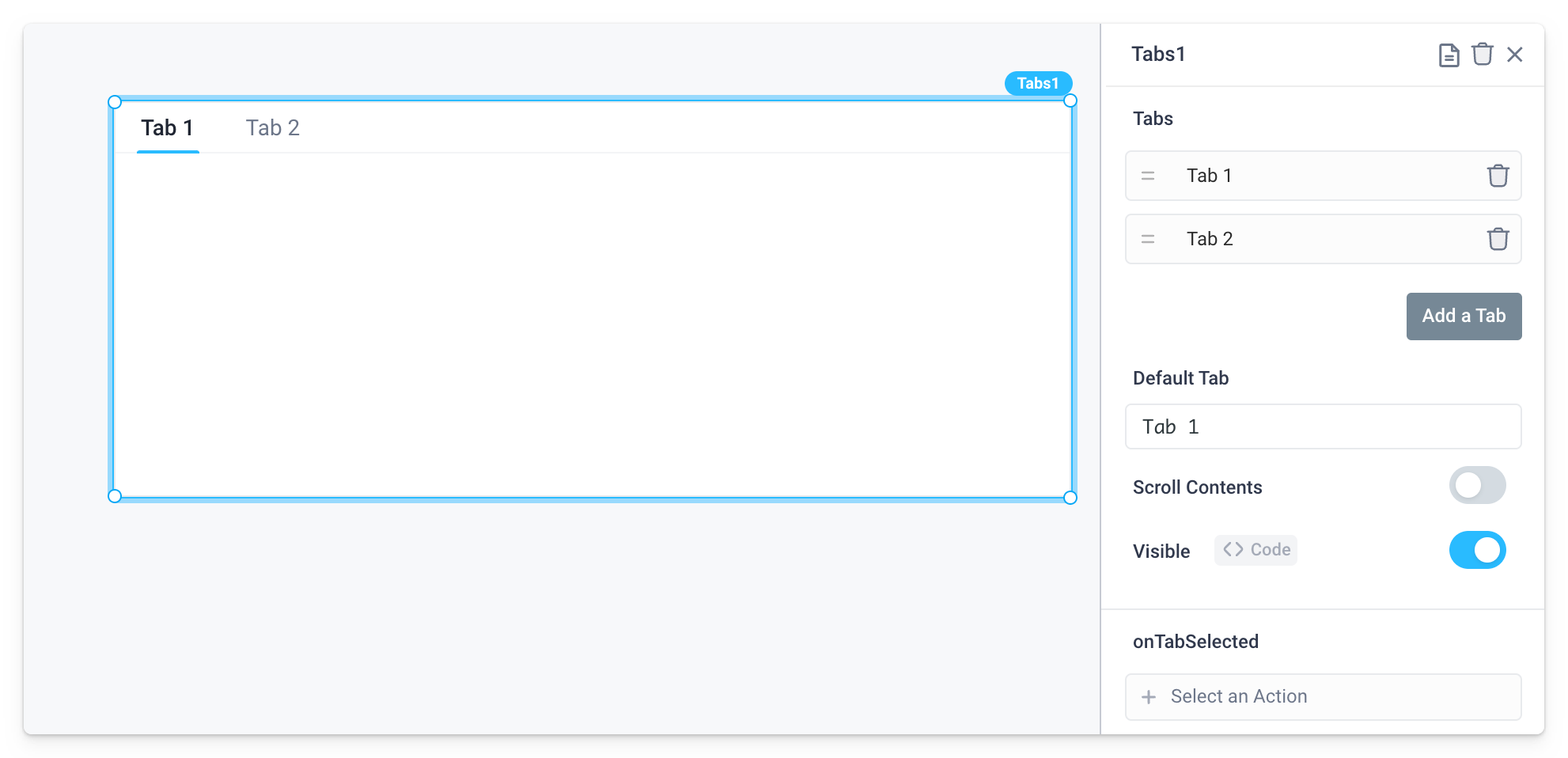 A tabs component was clicked to open its properties panel.