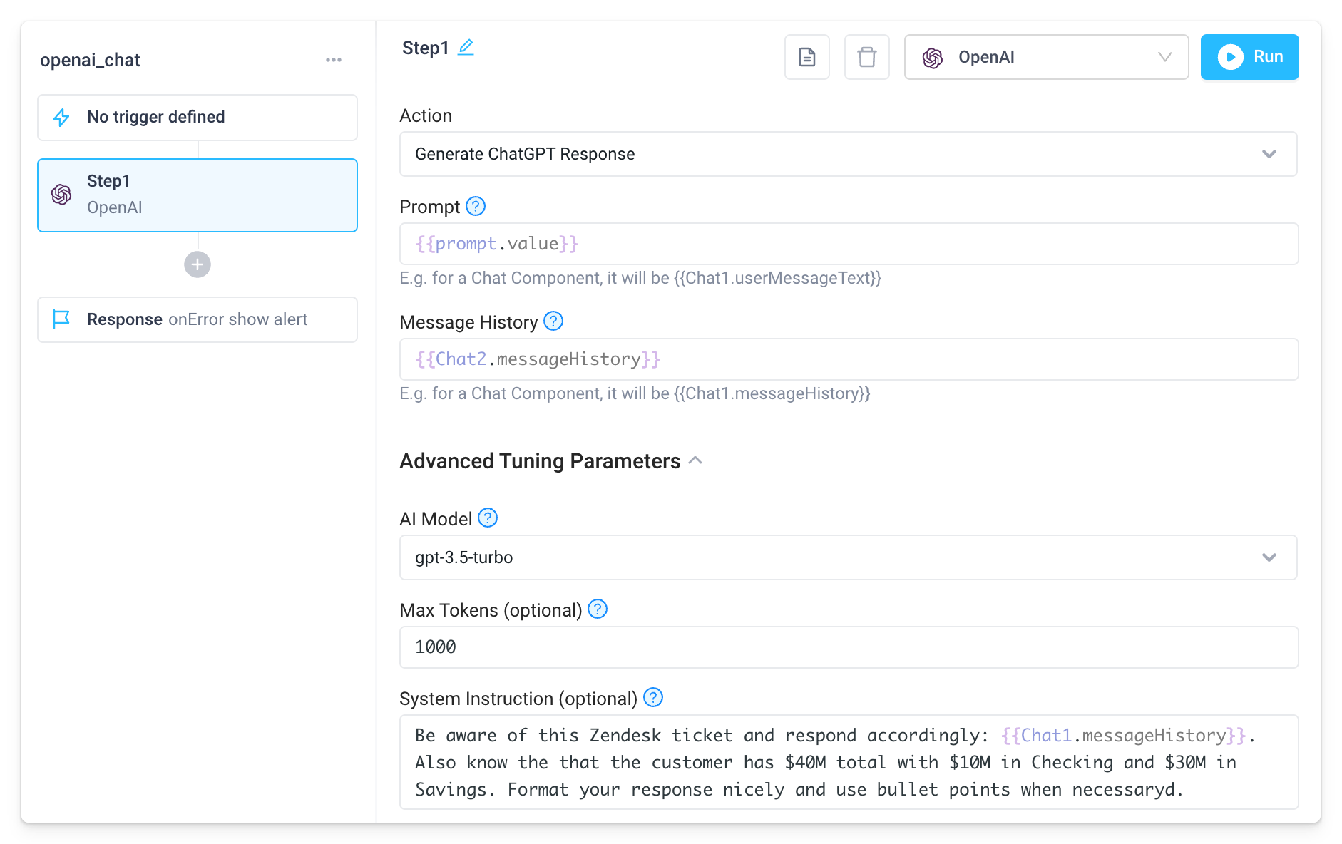Add a backend API that has an OpenAI step and that references the frontend variable in the prompt input field.