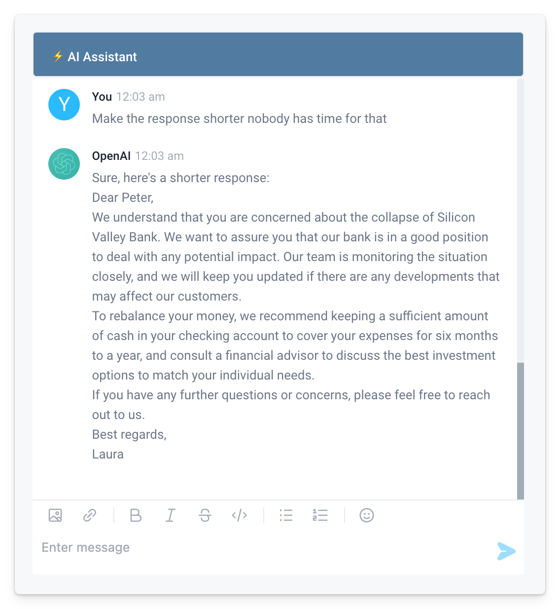 The user can now send messages to AI using the Chat Component to shorten the generated response.