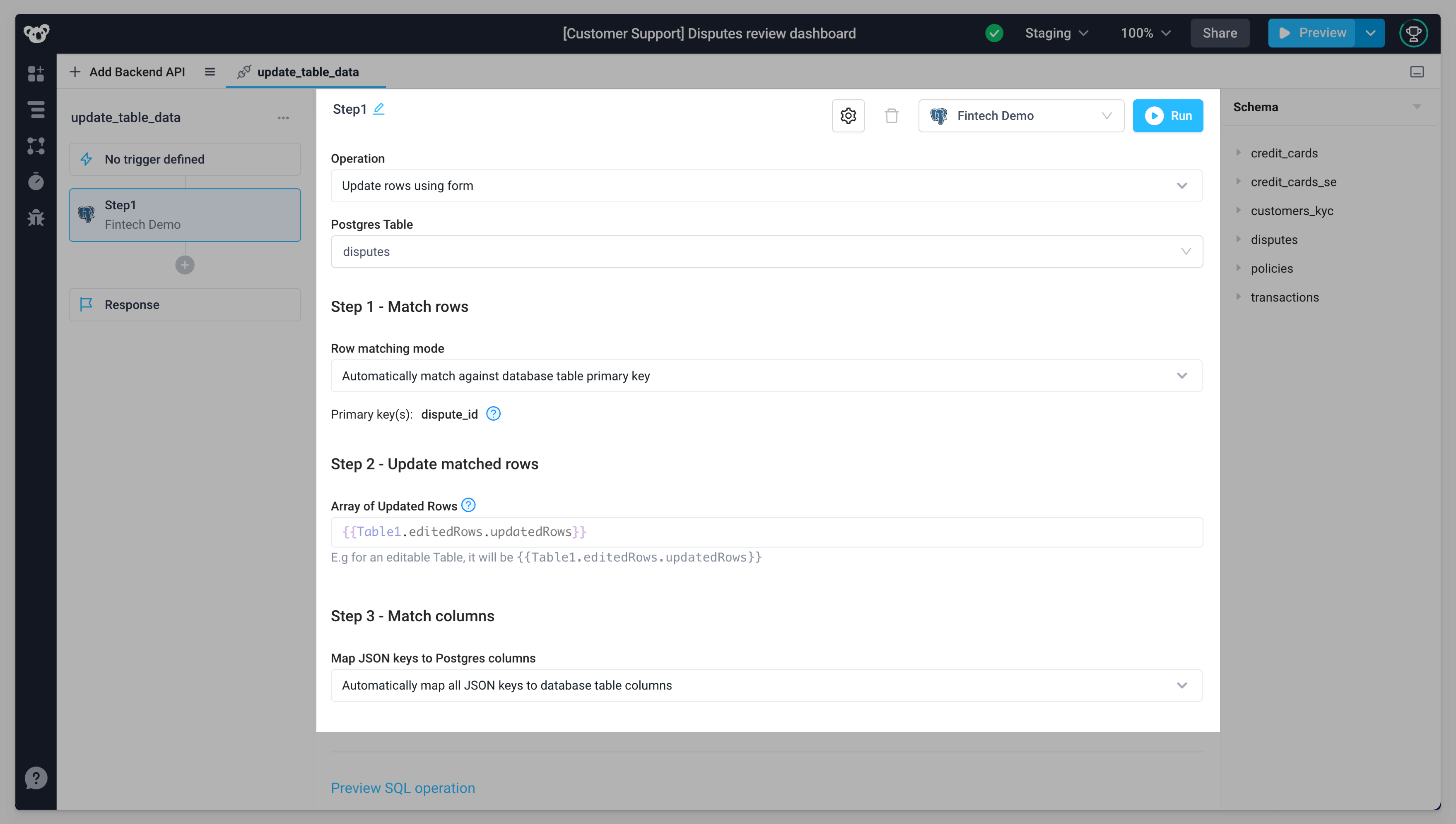 Shows the final configuration of the update_table_data form.