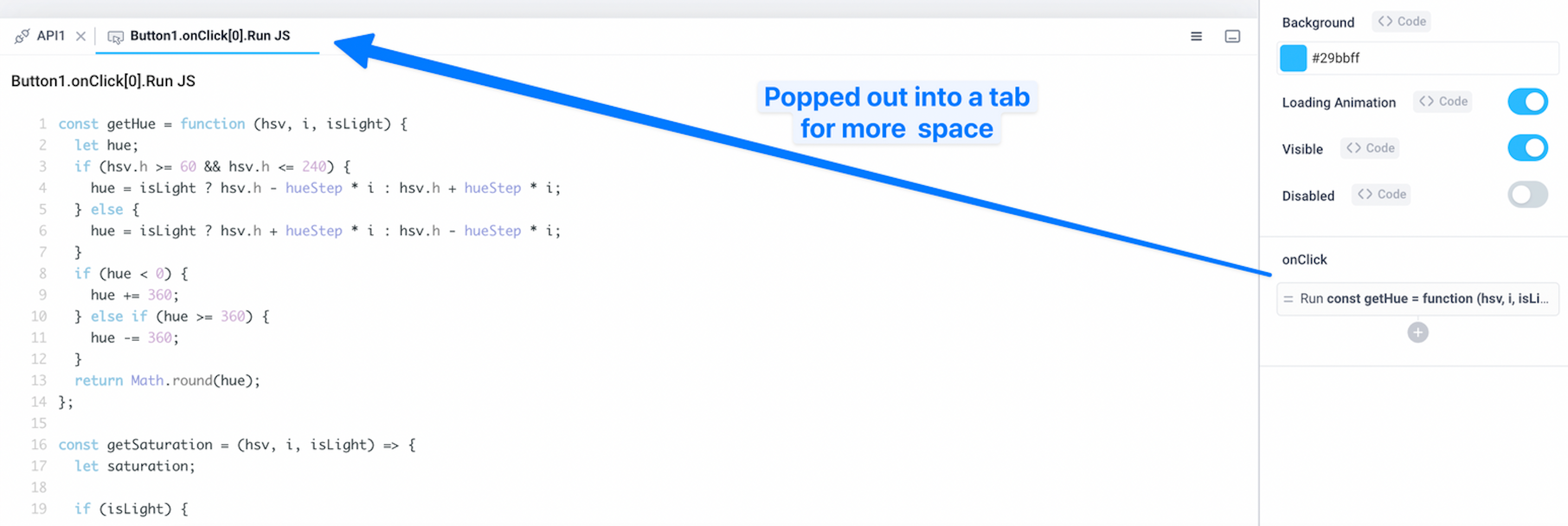 View of the editor popped out for more space