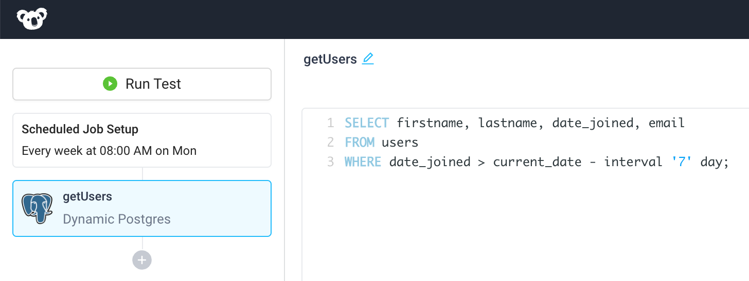 Supply a Postgres step with SQL to select data from a users table where date joined is within last seven days