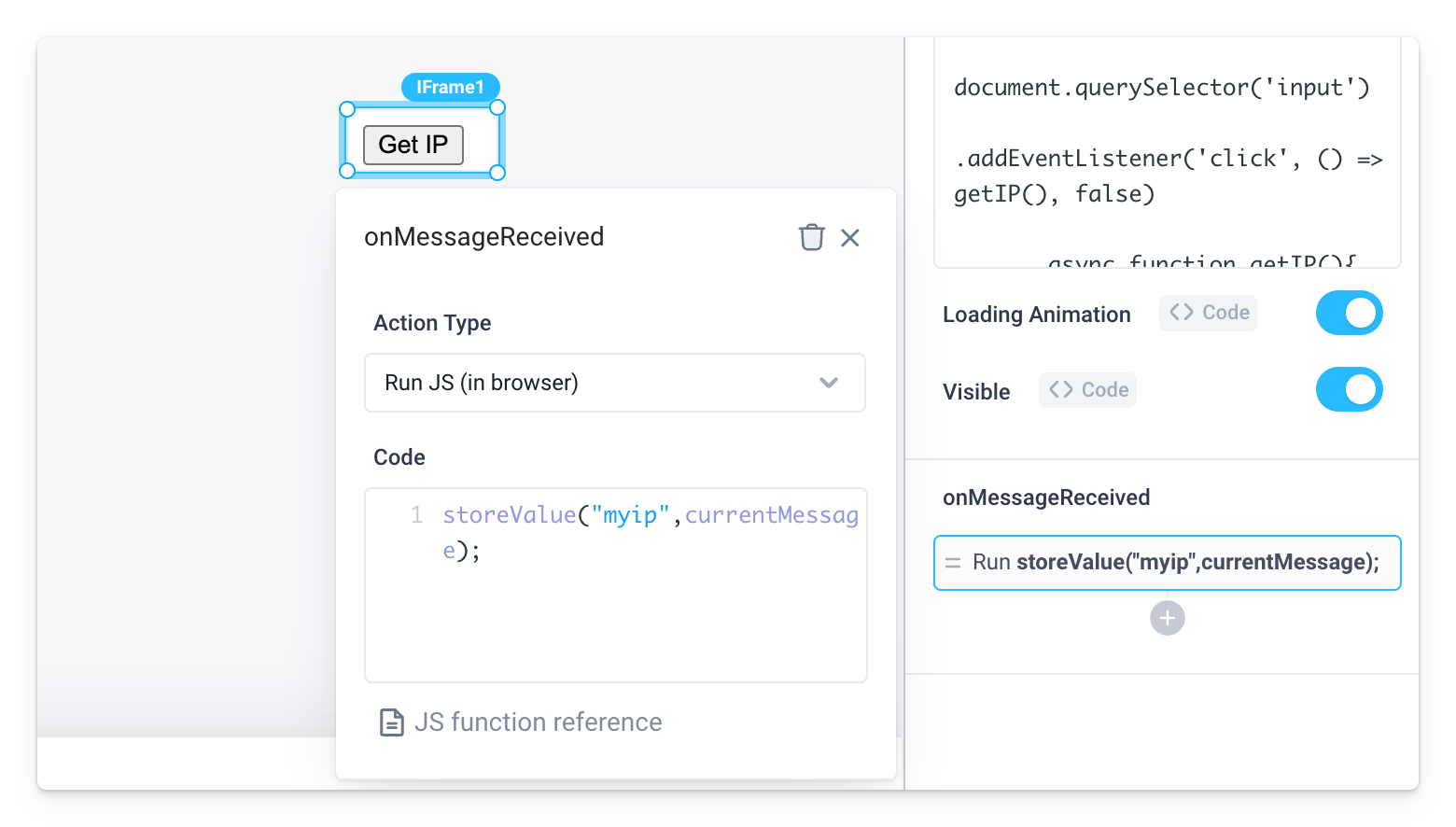 The onMessageReceived event handler was used to store the IP address in a frontend variable