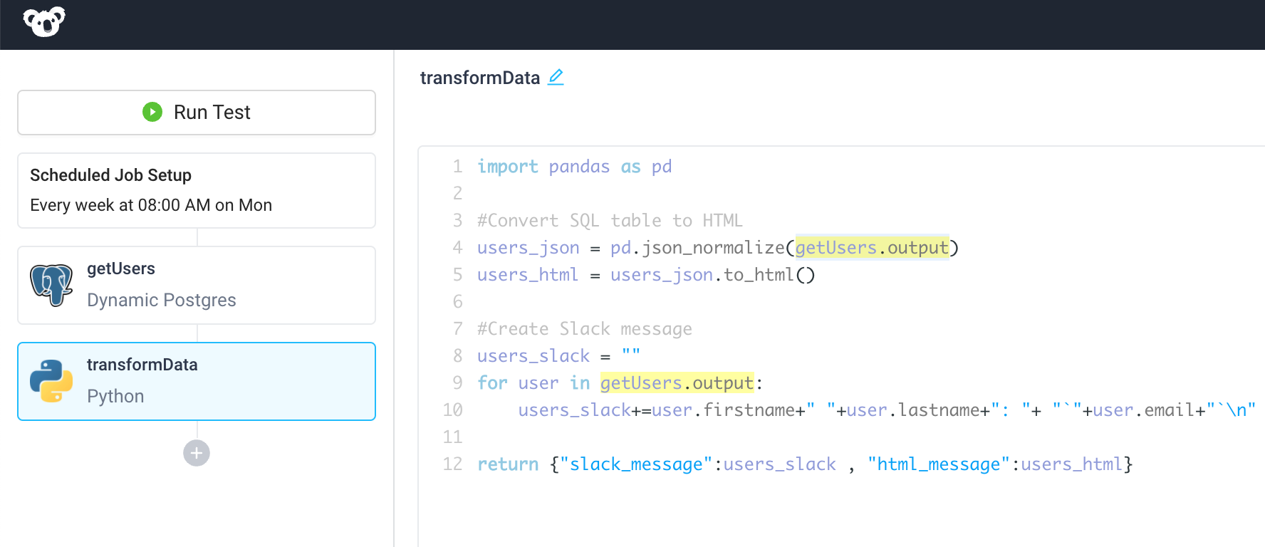 Create a transform data python step to process the data from the database and return a Slack message