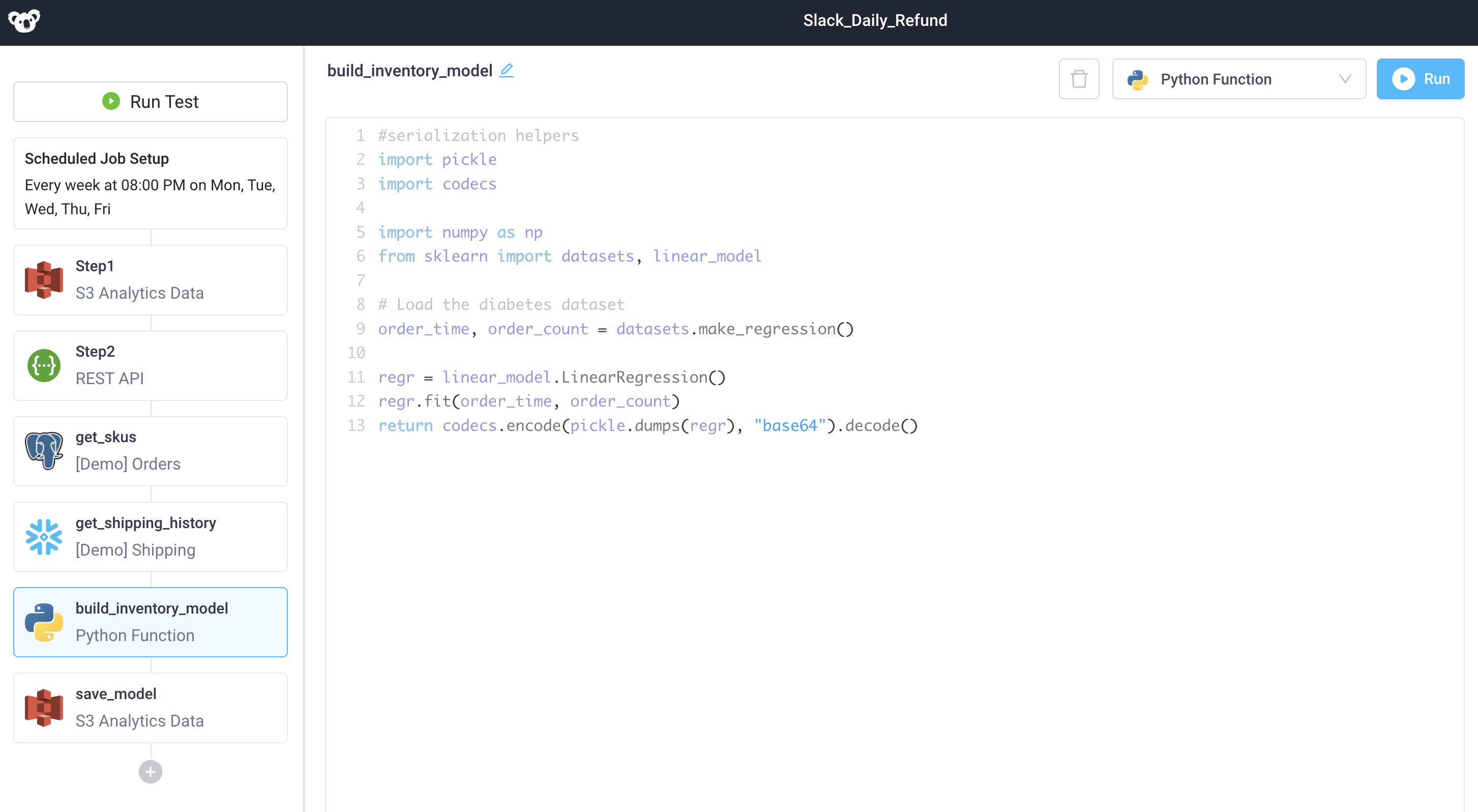 Using machine learning within a Python step Scikit learn module is supported within python steps allowing for the use of machine learning