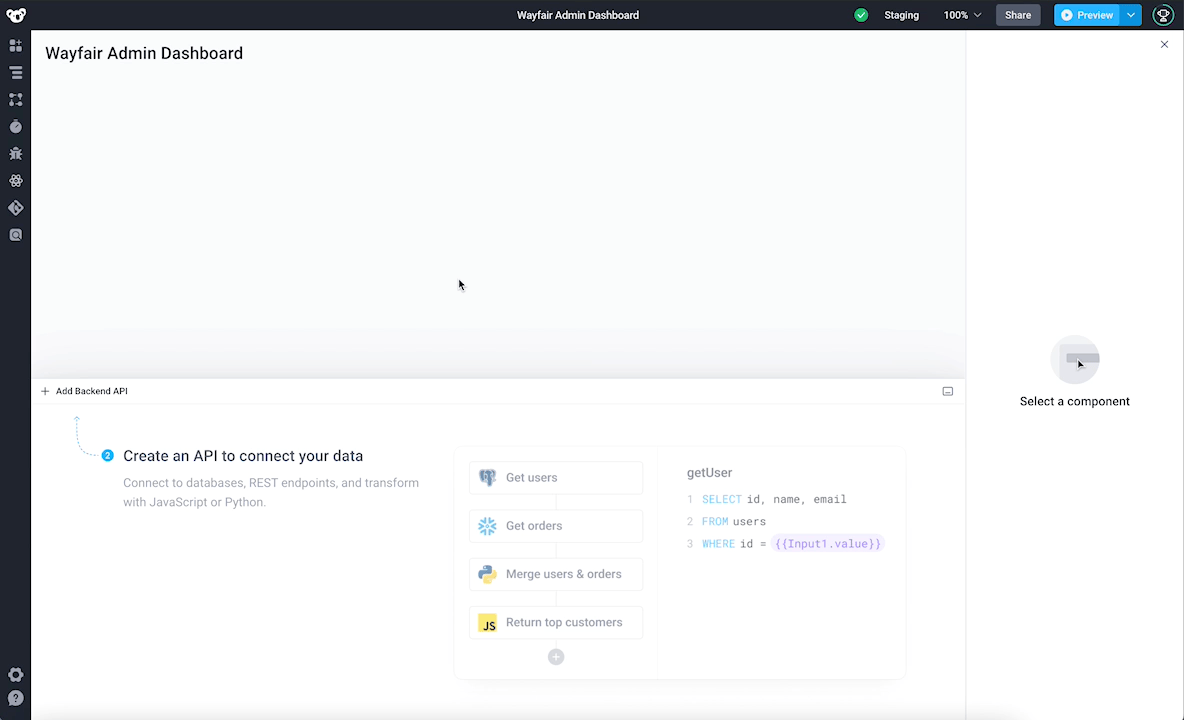 Drag a dropdown onto the canvas and link to a new API Drag a dropdown onto the canvas and link to a new API