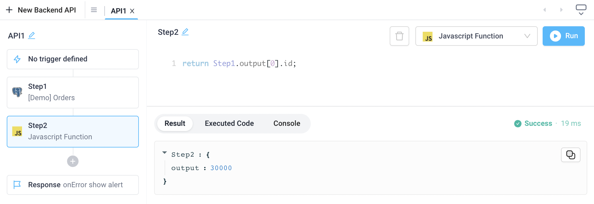 Reference a previous API step using the step name and accessing the output attribute