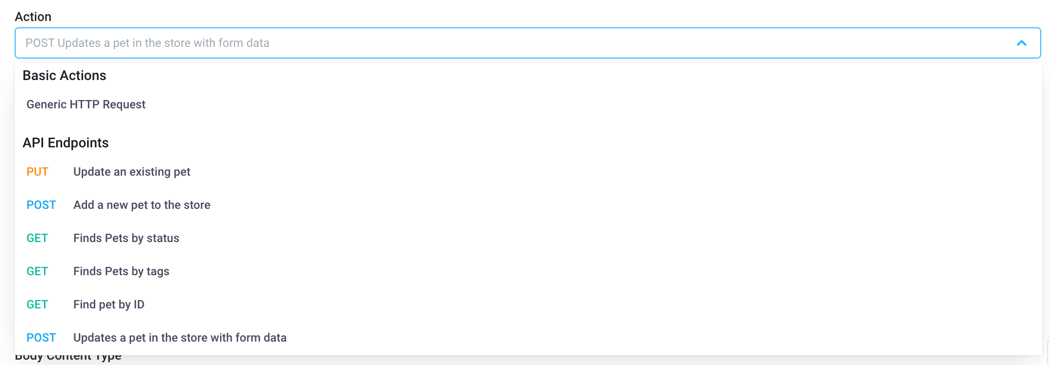 Integration Actions menu showing Action endpoints for a REST API