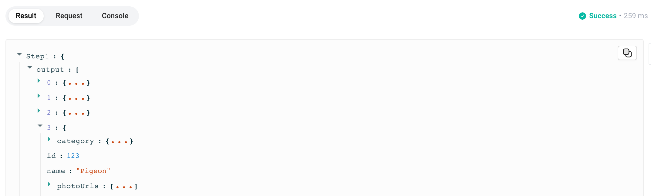 REST request form showing a JSON response payload