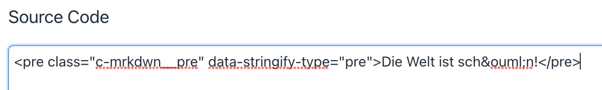The source code of the rich text editor shows the underlying HTML