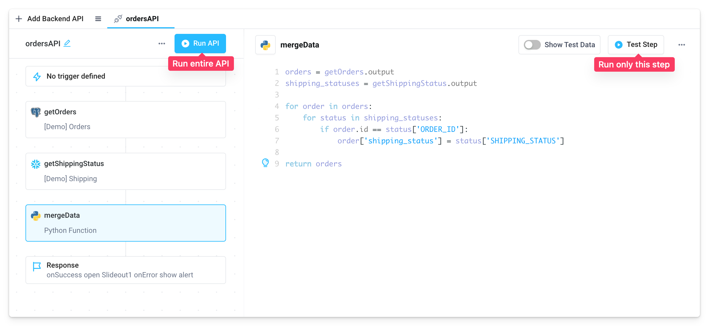 run entire api versus run a single step