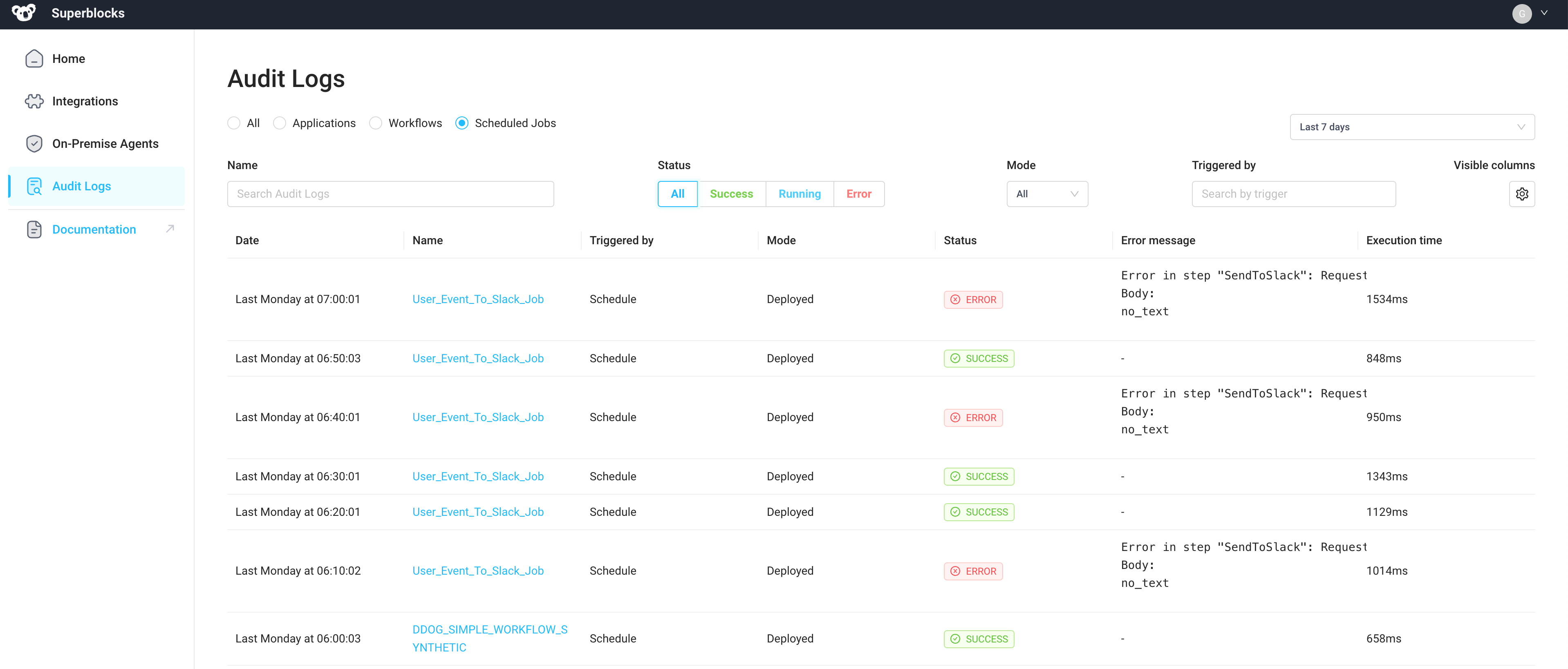 Monitor and troubleshoot scheduled jobs with Superblocks' Audit Log by showing success and error jobs