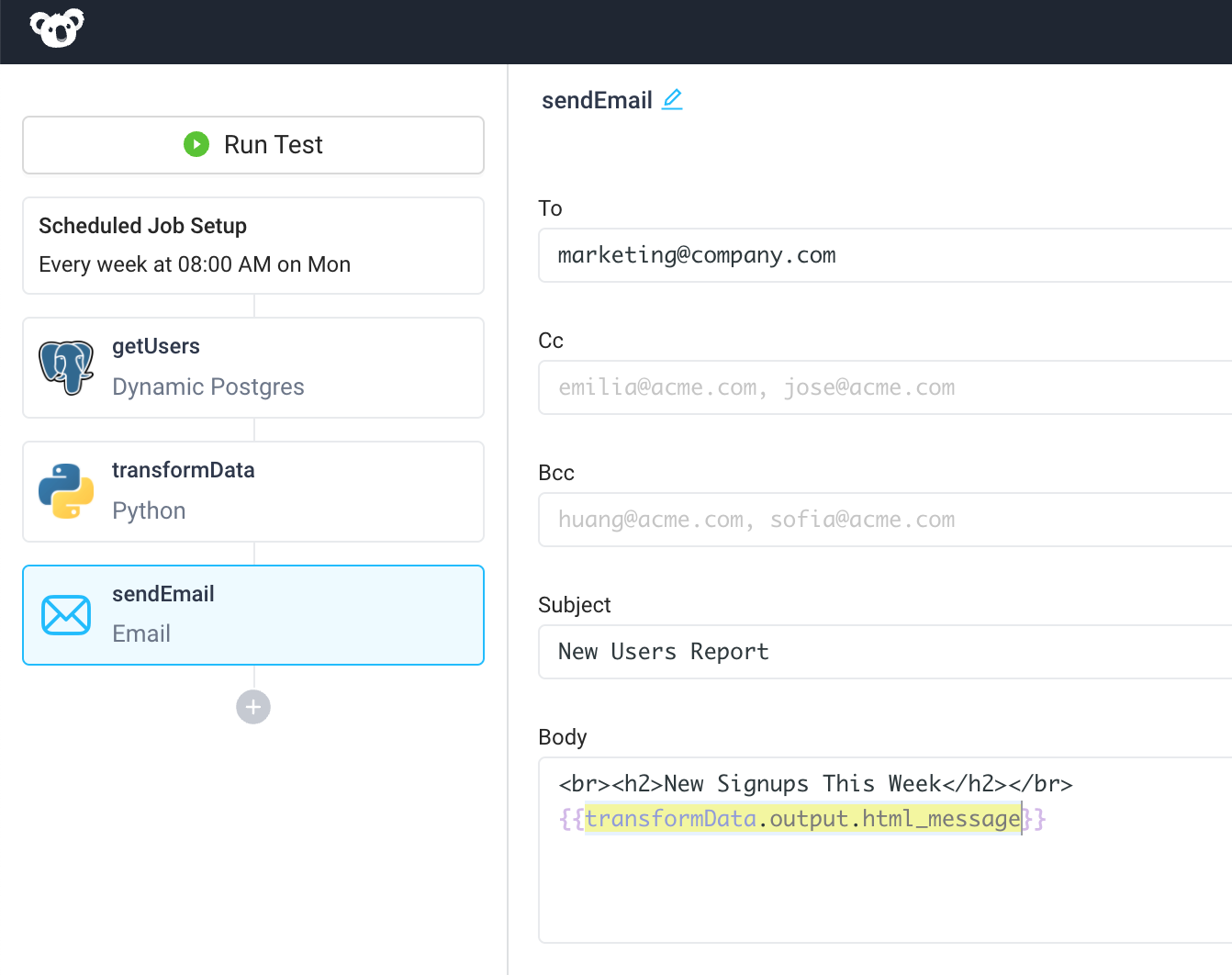 The Superblocks email integration can send emails with customized bodies to lists of recipients